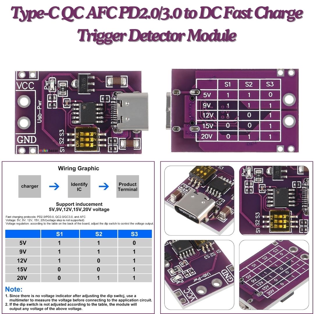 Type-C QC AFC PD2.0/3.0 to DC Fast Charge Trigger Detector Module