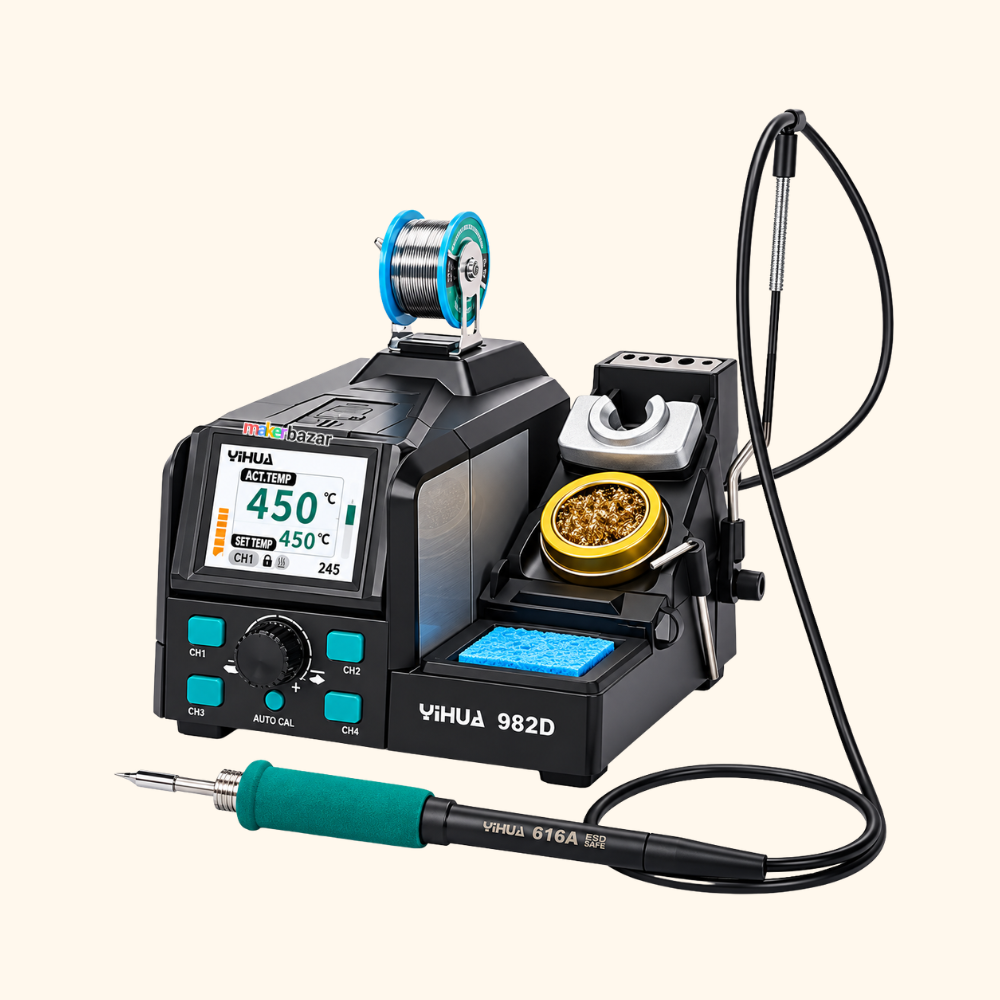 VHUA 982D electronic soldering station with a digital temperature display, soldering clamp, soldering tip, and wire spool, shown on a solid light beige background.