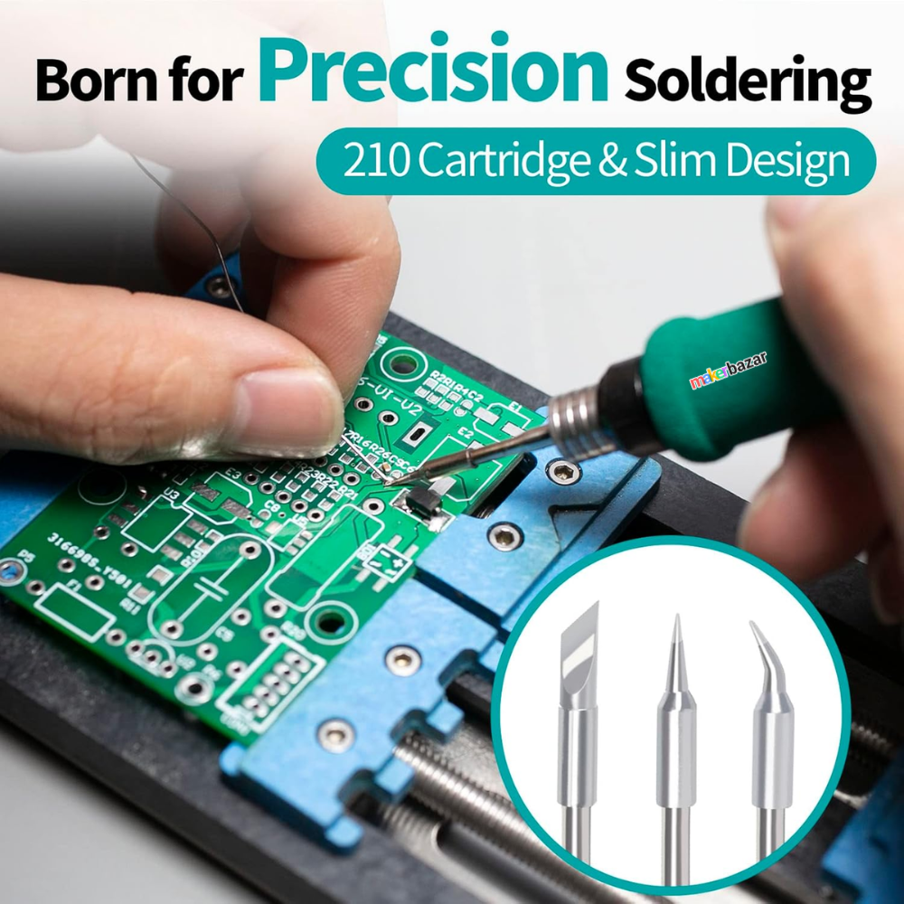 Precision soldering tools shown in use on a green circuit board, with a close-up inset of three metal tip attachments and marketing text reading 'Born for Precision Soldering' and '210 Cartridge & Slim Design.'.