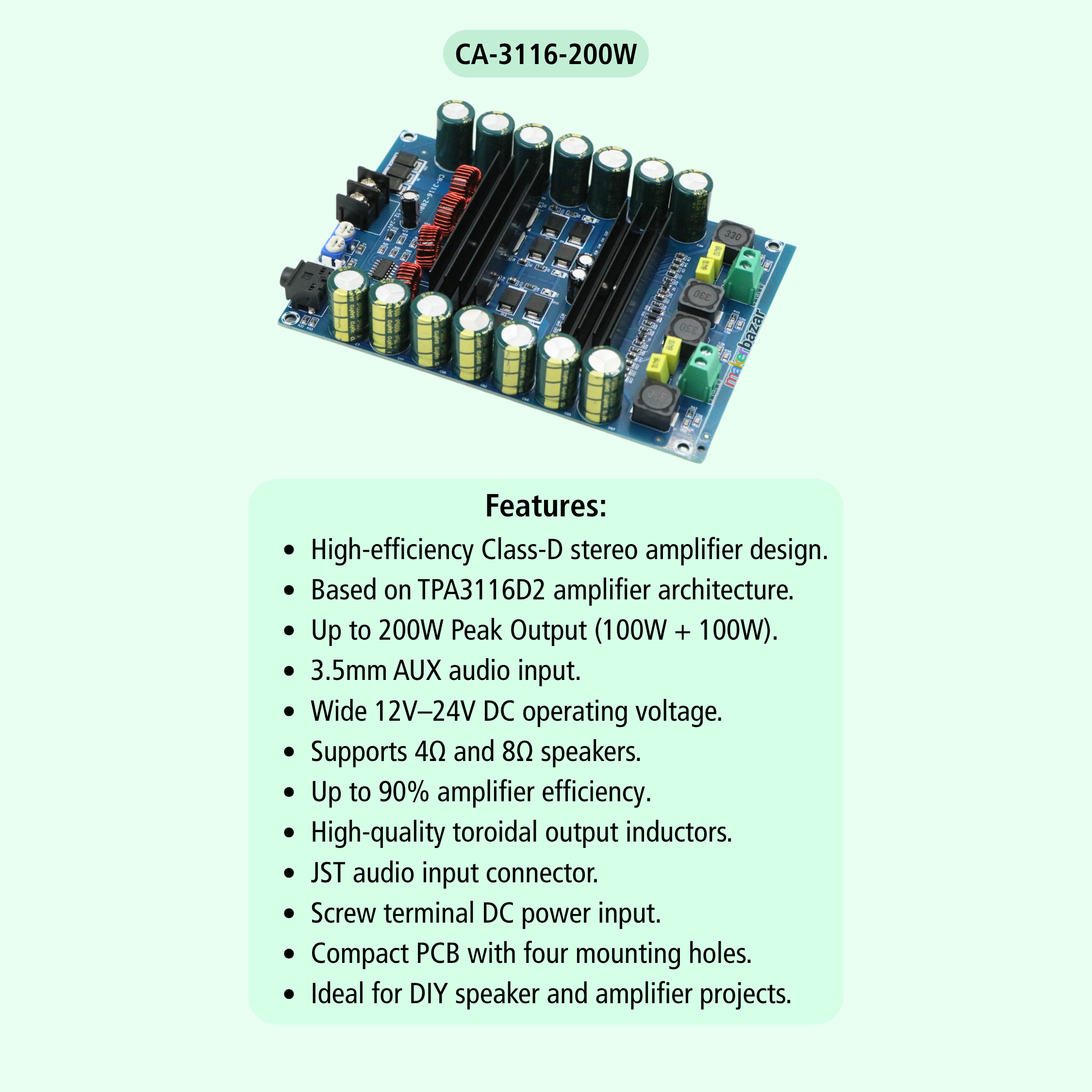 CA-3116-200W Class-D Stereo Audio Amplifier Board