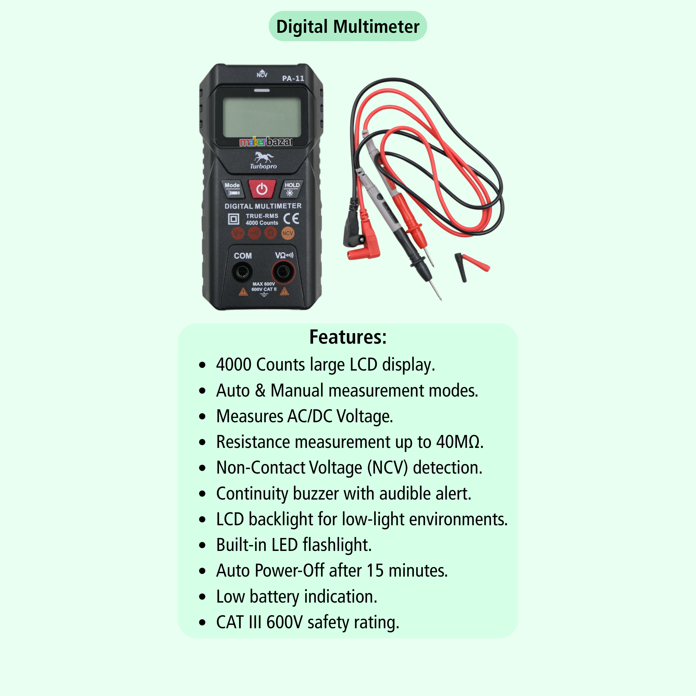 TurboPro PA-11 Intelligent Digital Multimeter 4000-Counts True RMS Auto Range NCV Tester