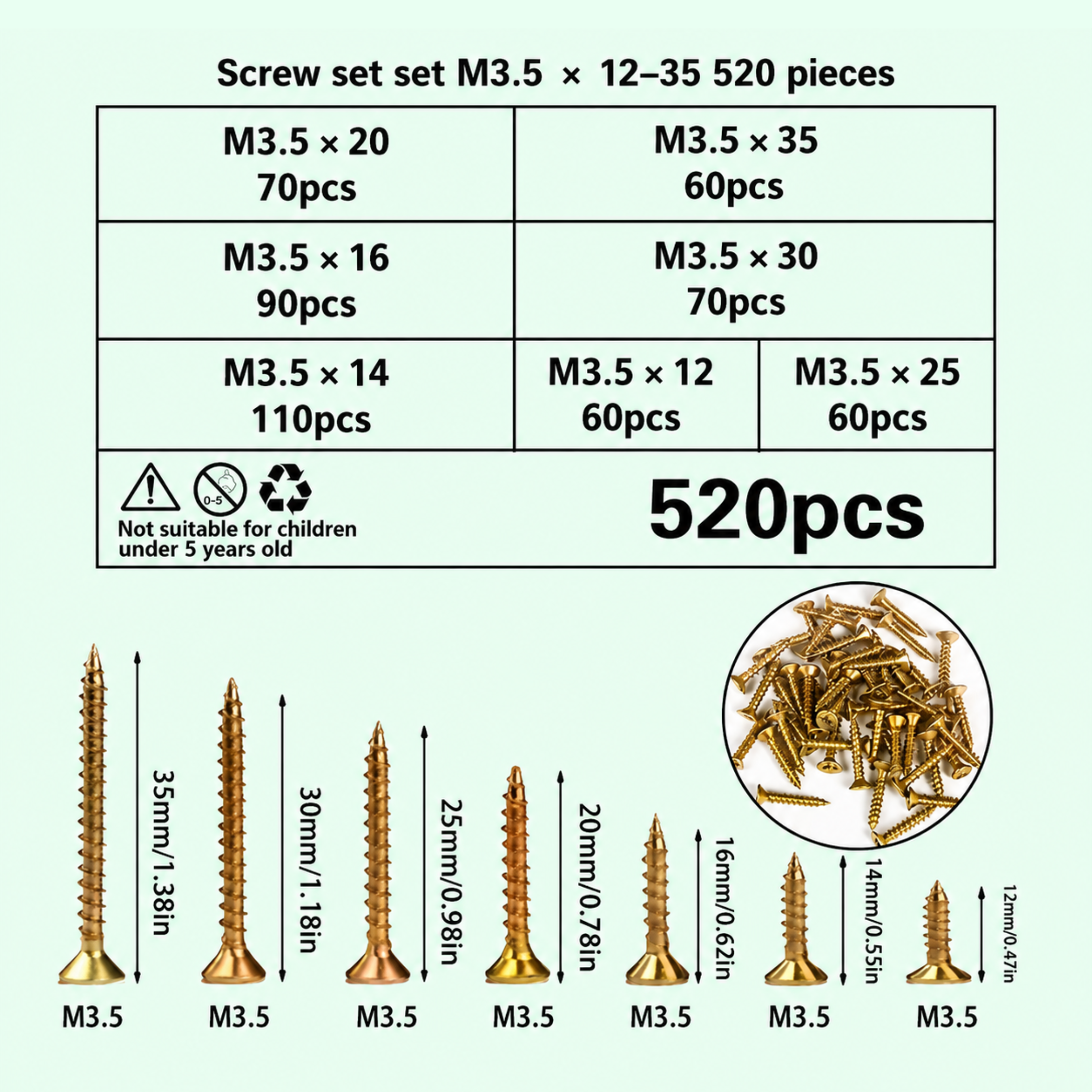 520Pcs M3.5 (12-35mm) Countersunk Head Self-Tapping Screw Assortment Kit