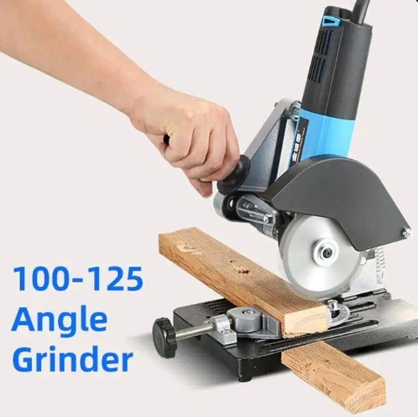 Angle grinder cutting wood with text '100-125 Angle Grinder' on a white background