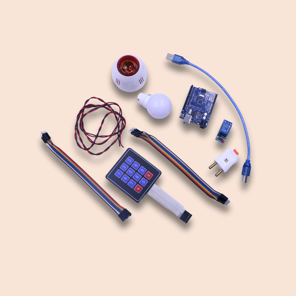 Collection of electronic components on a beige background