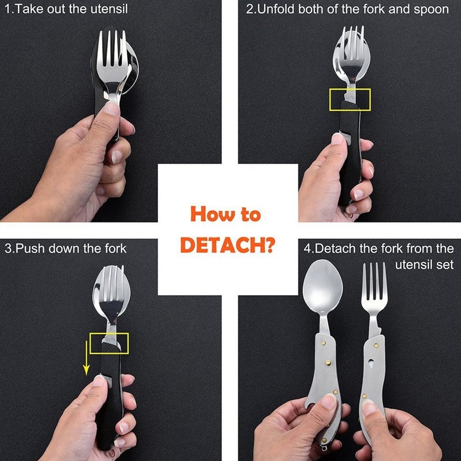 Travel Camping 4-in-1 Stainless Steel Folding Multi Swiss Cutlery Set Spoon Fork Knife Set
