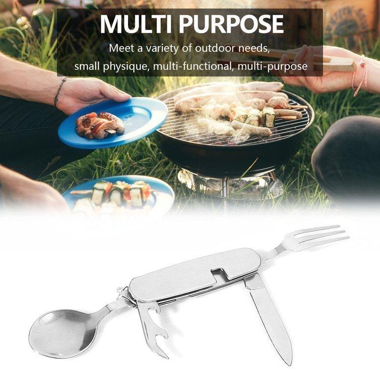 Travel Camping 4-in-1 Stainless Steel Folding Multi Swiss Cutlery Set Spoon Fork Knife Set