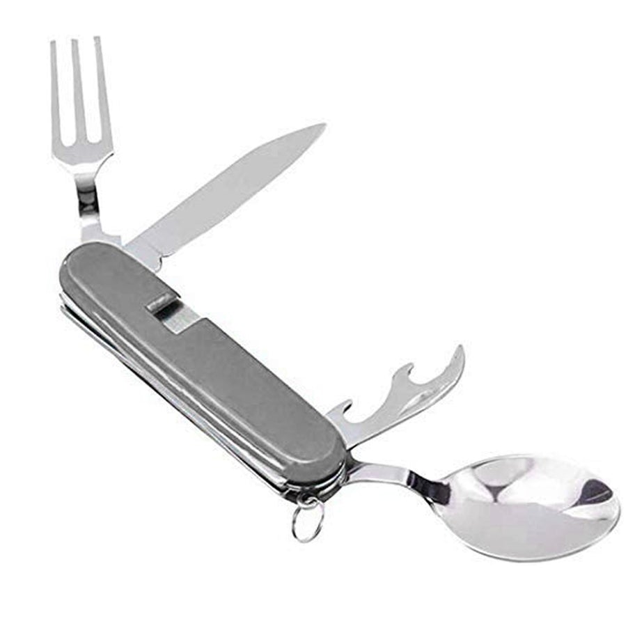 Travel Camping 4-in-1 Stainless Steel Folding Multi Swiss Cutlery Set Spoon Fork Knife Set