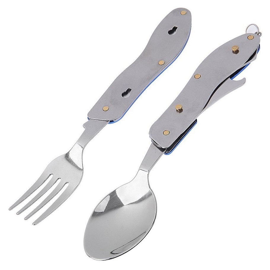 Travel Camping 4-in-1 Stainless Steel Folding Multi Swiss Cutlery Set Spoon Fork Knife Set