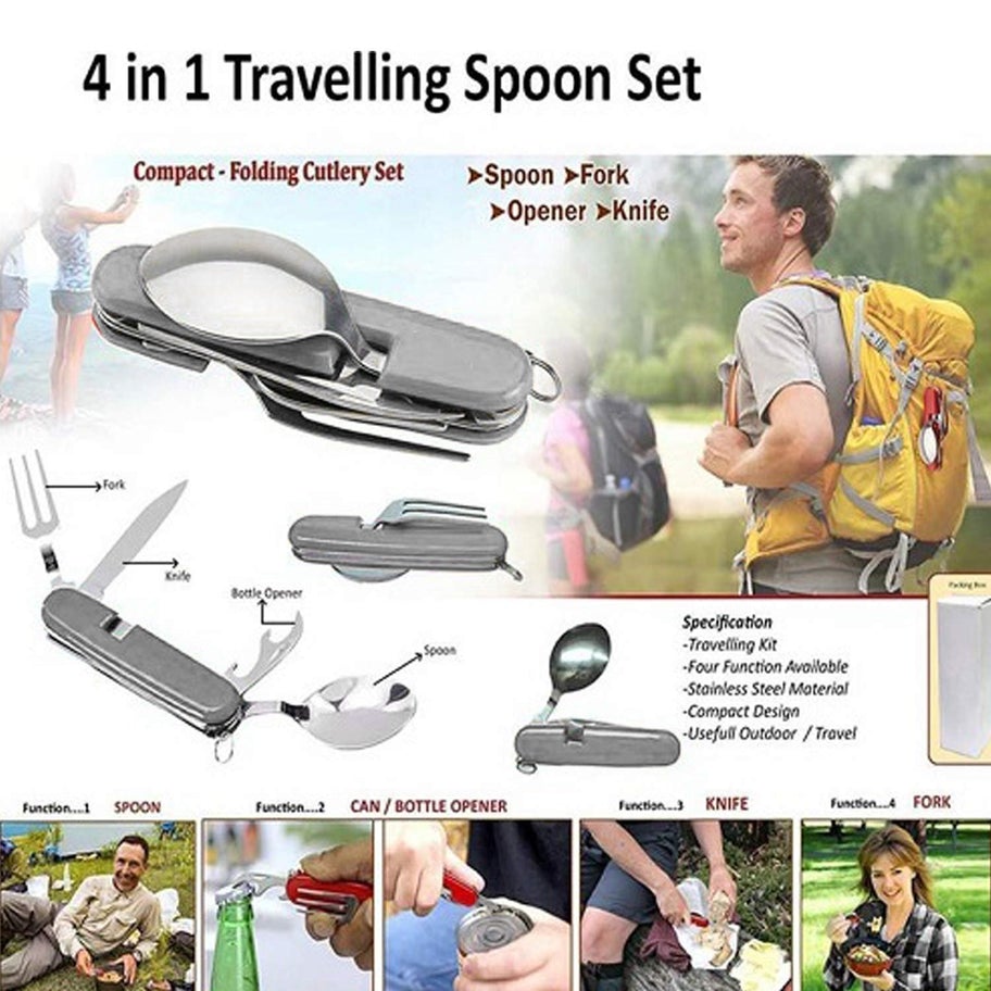 Travel Camping 4-in-1 Stainless Steel Folding Multi Swiss Cutlery Set Spoon Fork Knife Set