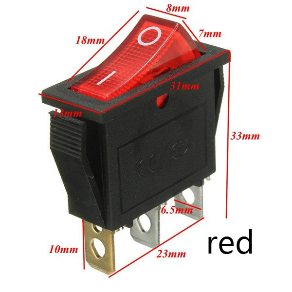 KCD3 16A 250V SPST ON-OFF Leg Rocker Switch with Red Light
