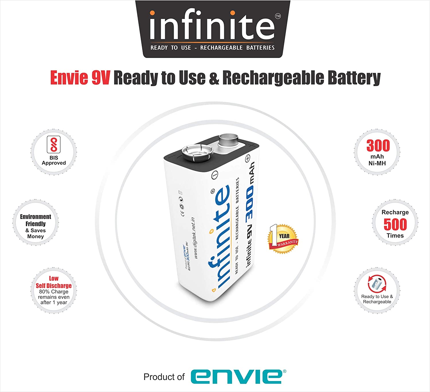 Envie: Infinite R22/PP3 9volt 300mAh Rechargeable Ni-MH Battery