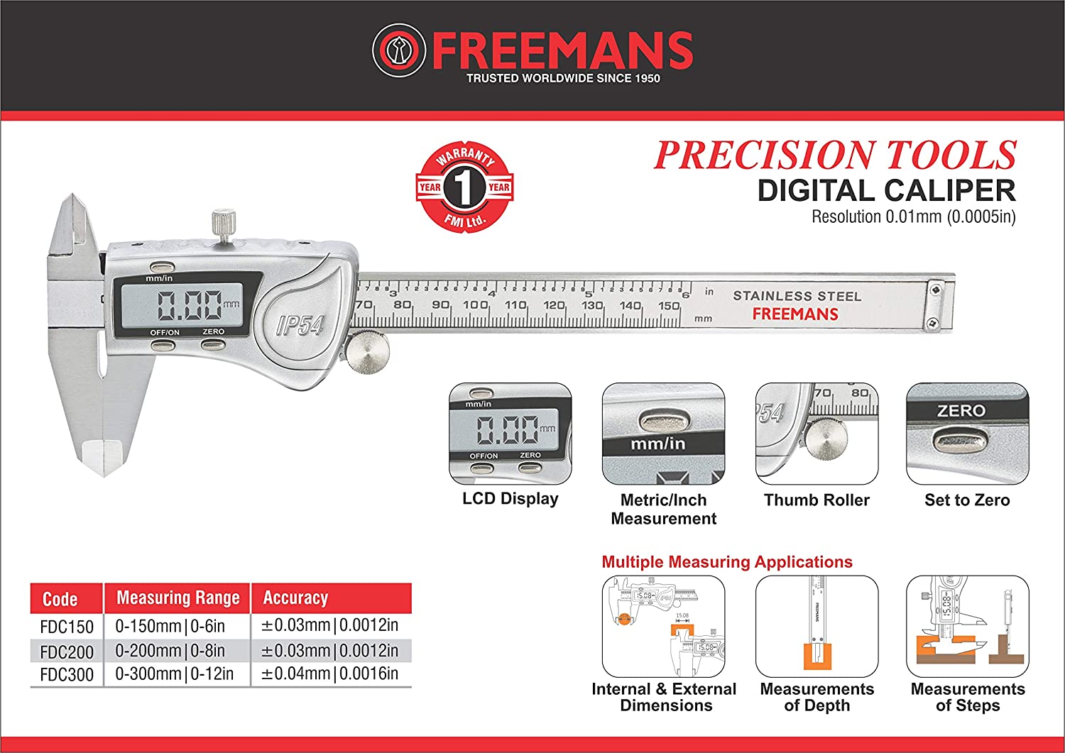 Freemans: FDC150 Digital Vernier Caliper Stainless Steel 150mm/6Inch with Rectangular Case