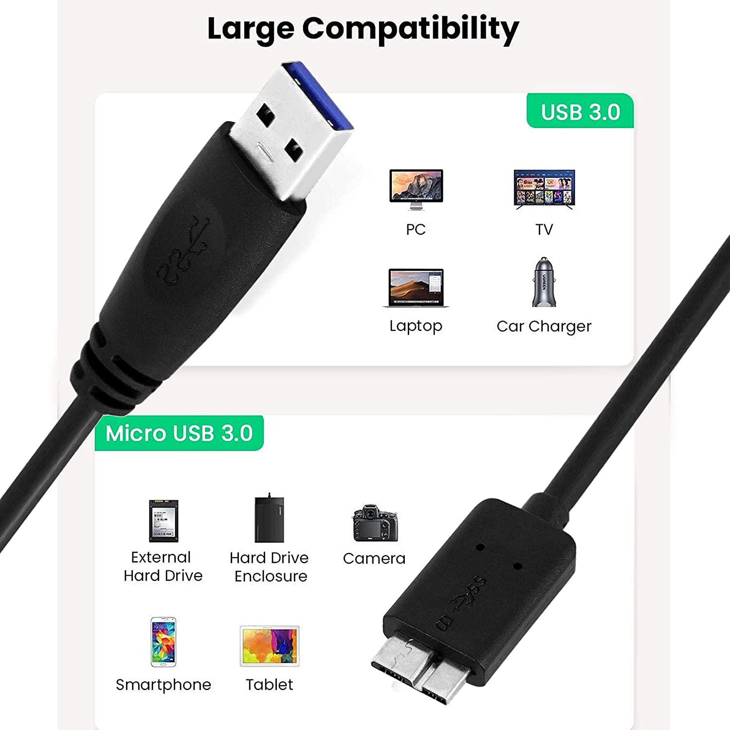 USB 3.0 Cable A to Micro B high Speed Data Transfer Cable for Portable External Hard Drive