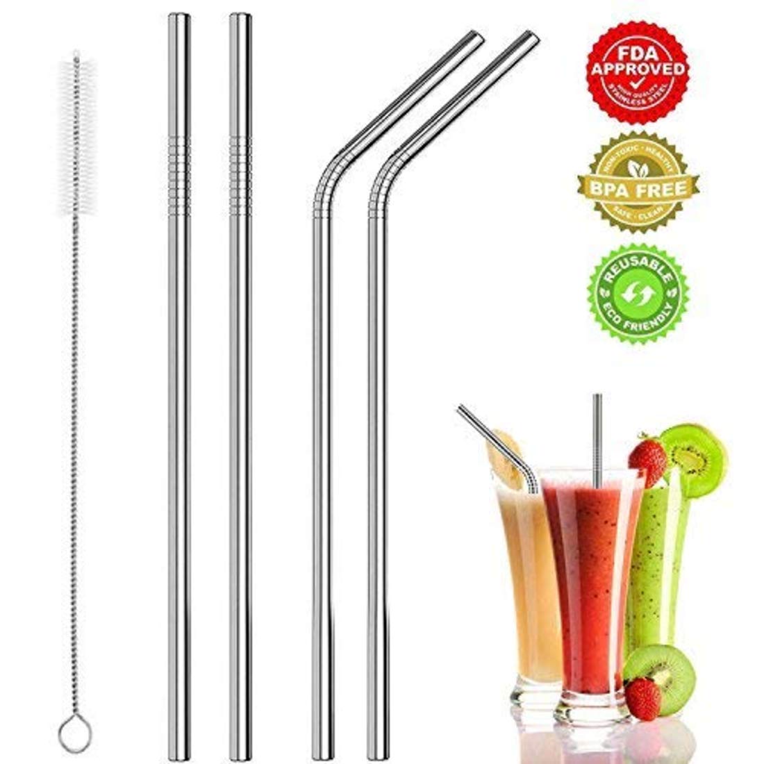 Stainless Steel Reusable Metal Straws & Cleaning Brush Set