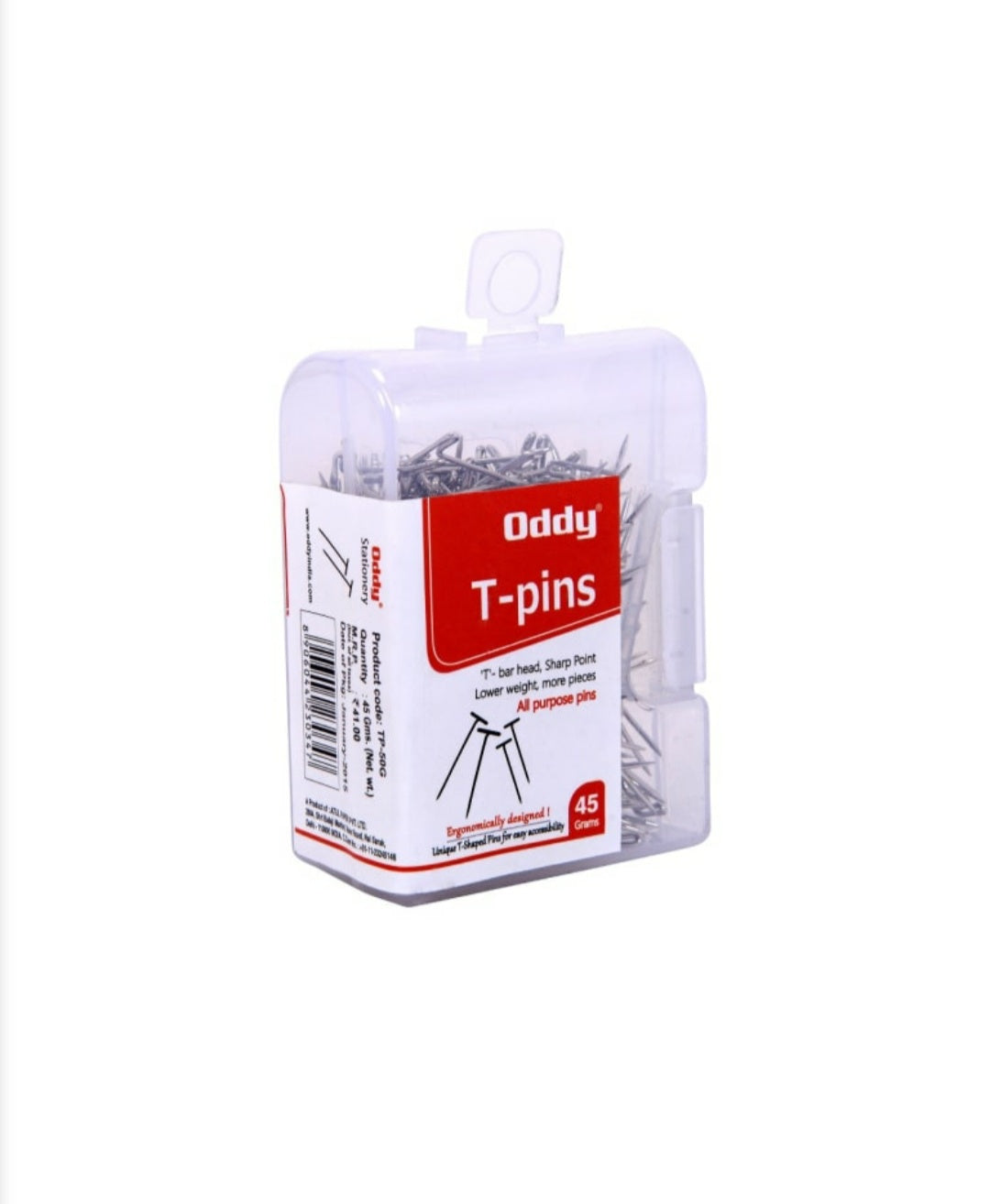 Oddy: TP-50G T-Shaped T-Pins In See Through Plastic Dibbi Pack 45gm