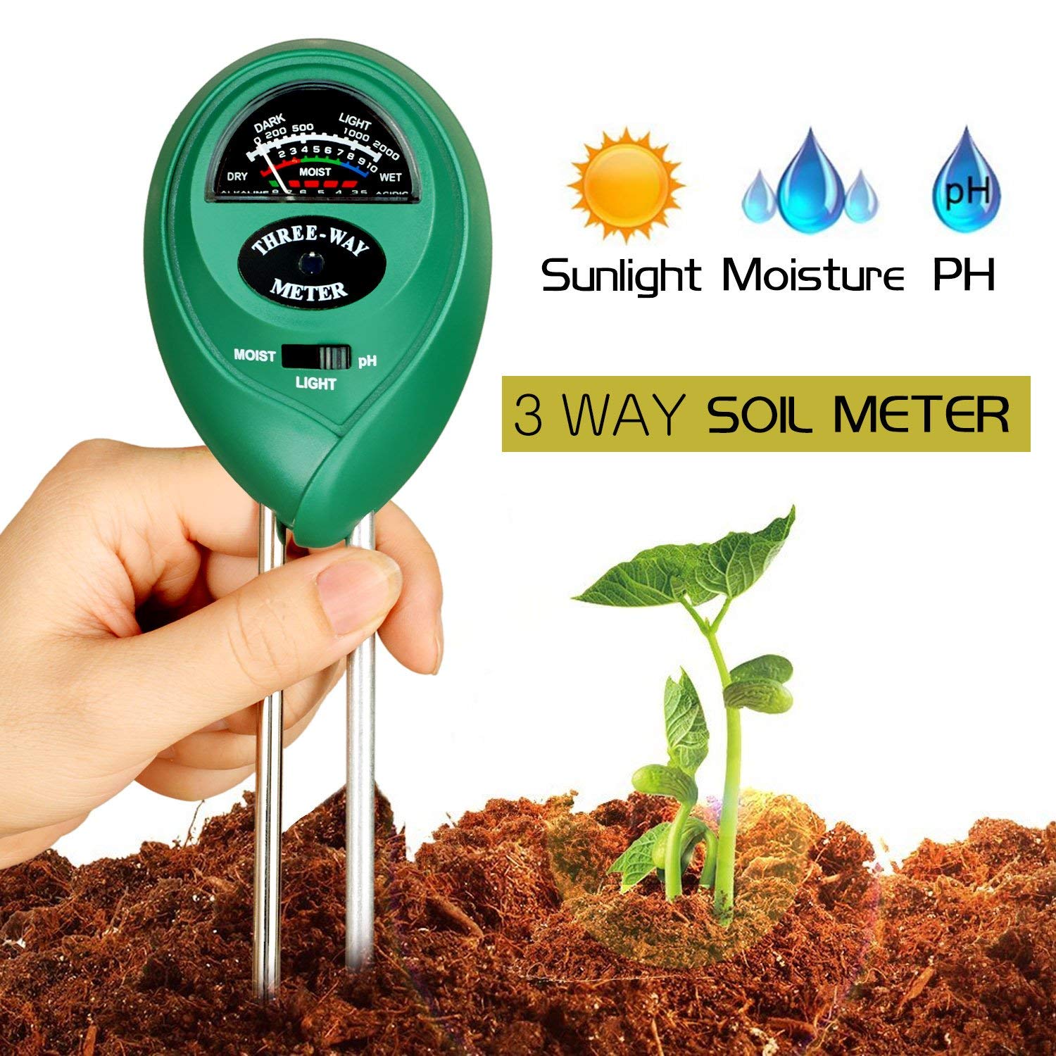 Three Way Soil Meter For Moisture, Light Intensity and pH Testing Meter