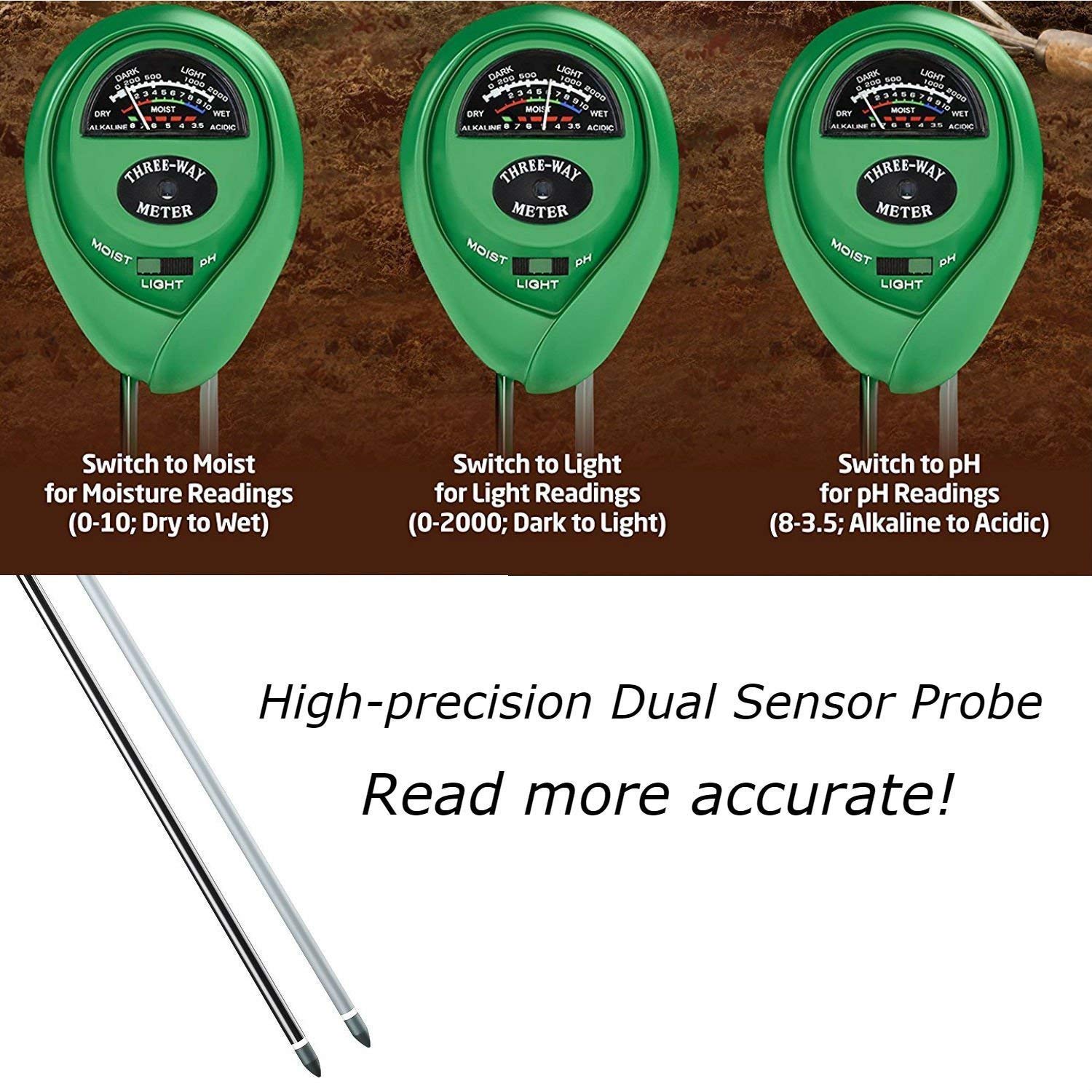 Three Way Soil Meter For Moisture, Light Intensity and pH Testing Meter