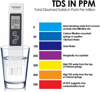 Digital Water TDS EC and Temperature (3 in 1) Meter, Purity Tester, ATC Function, 1ppm Resolution, 0-9990 ppm