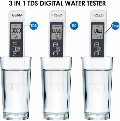 Digital Water TDS EC and Temperature (3 in 1) Meter, Purity Tester, ATC Function, 1ppm Resolution, 0-9990 ppm