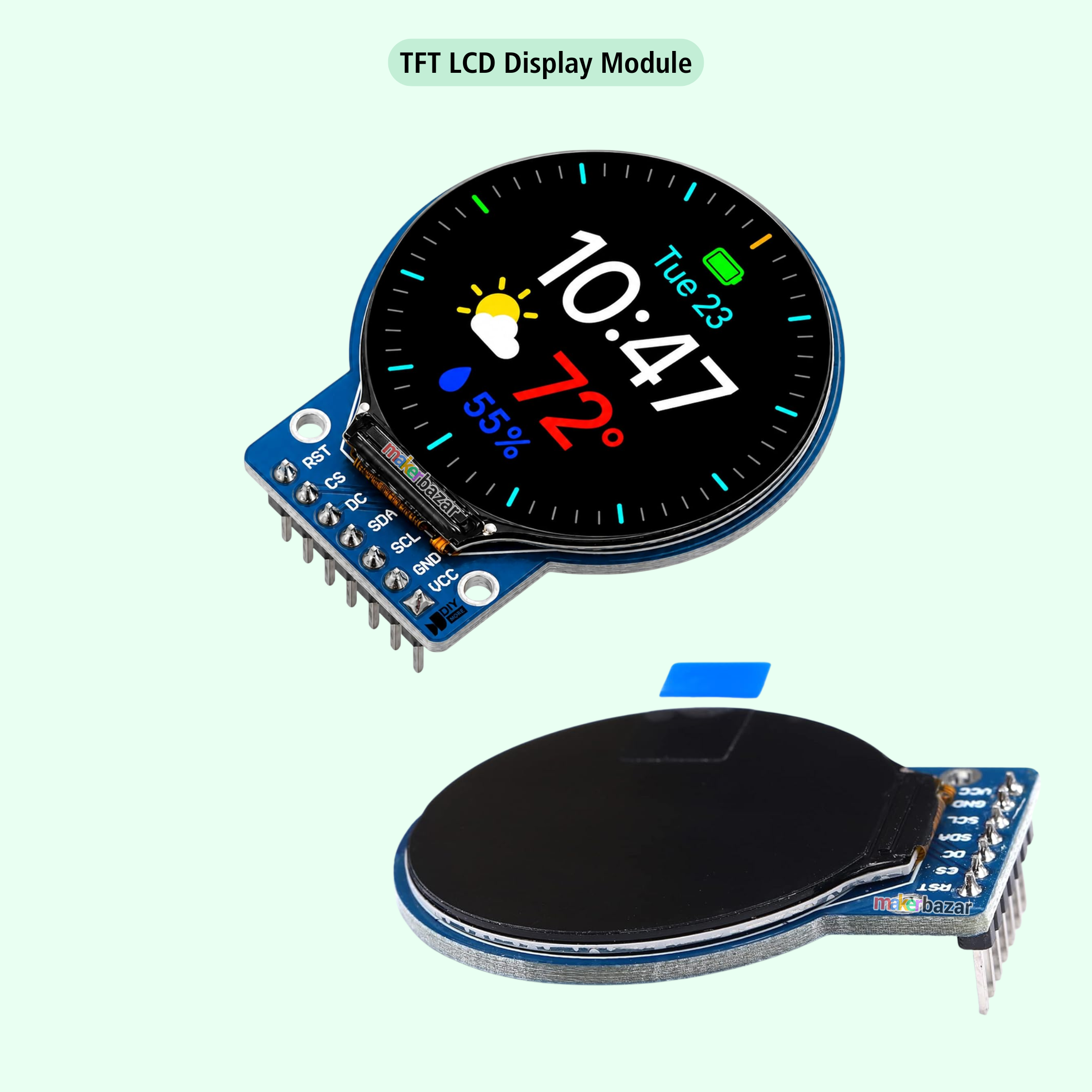 TFT LCD display module shown from two angles: one with the circular display active and one with the screen off, on a pale mint green background.
