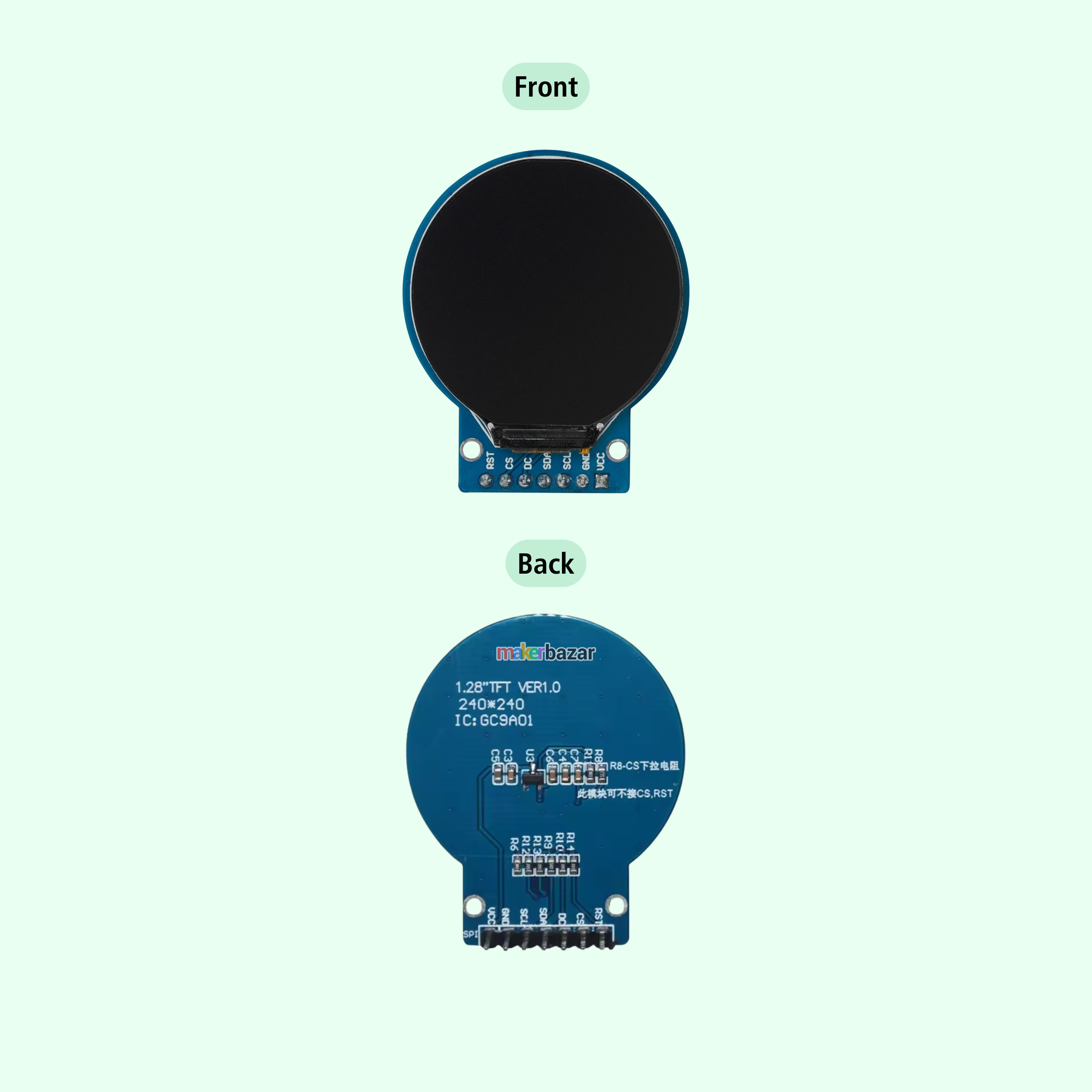A round electronic sensor module shown from both front and back on a pale mint green background. The top view shows a black circular face with a blue edge and pin strip, labeled Front.