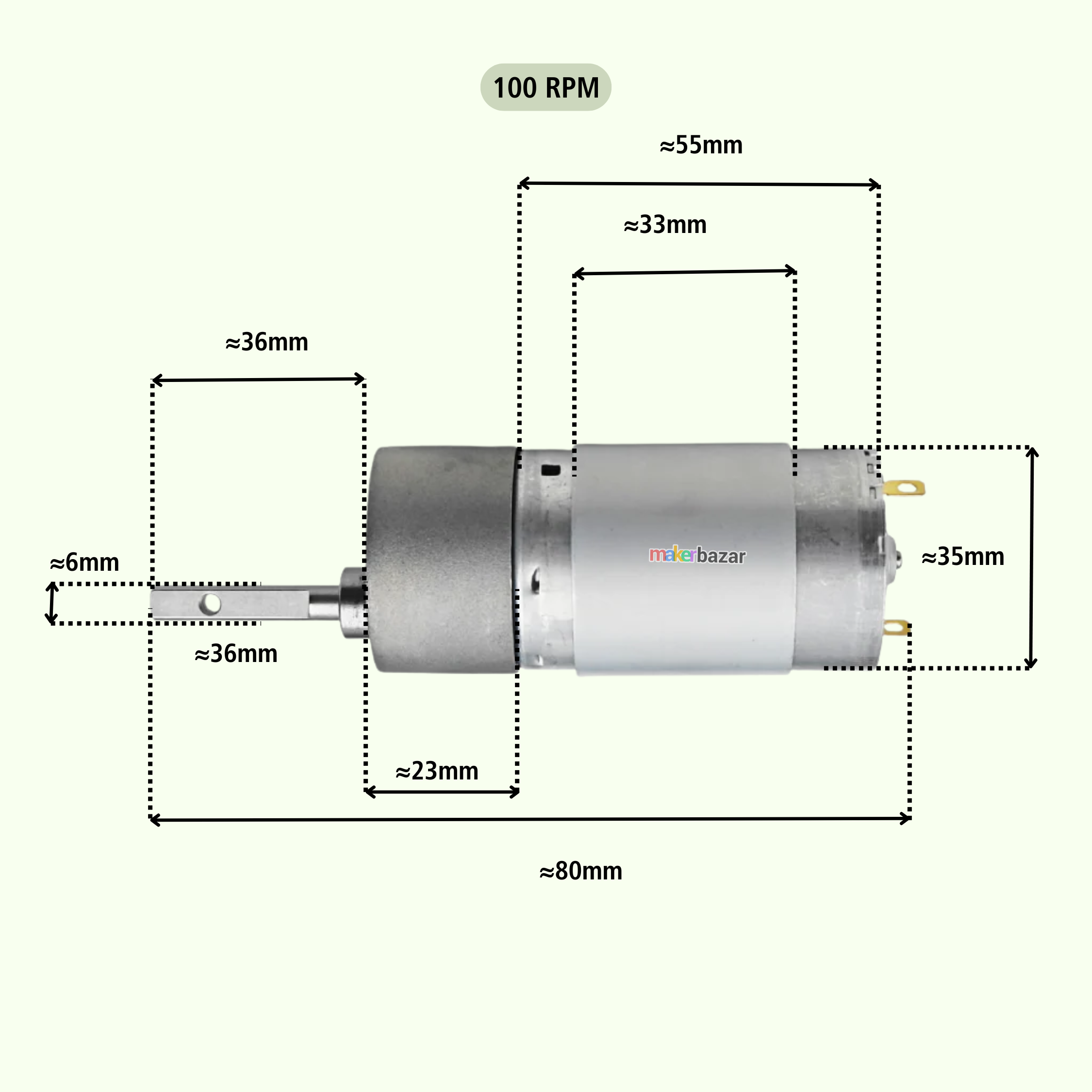 A technical dimension diagram of a cylindrical electric motor on a pale green background, showing measurements in millimeters for length, diameter, shaft size, and terminal spacing, with a small '100 RPM' label above.