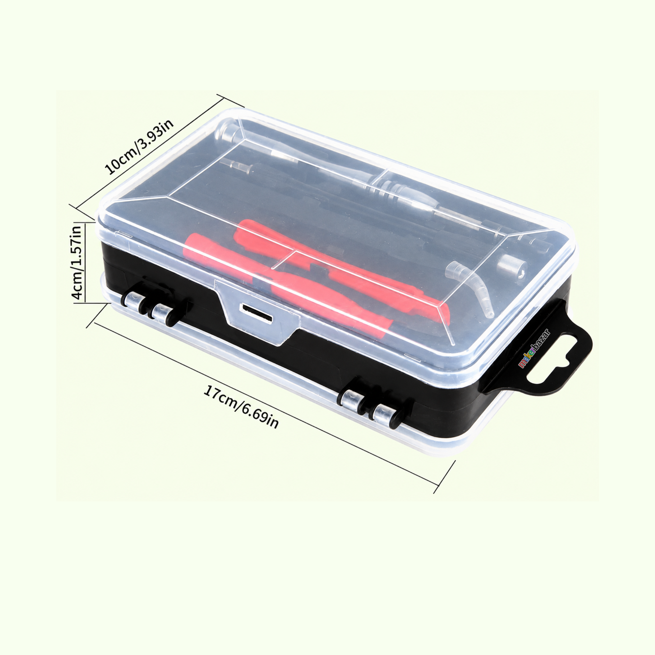 A black and clear plastic screwdriver set in a rectangular storage case with dimension lines showing measurements of 17cm/6.69in, 10cm/3.