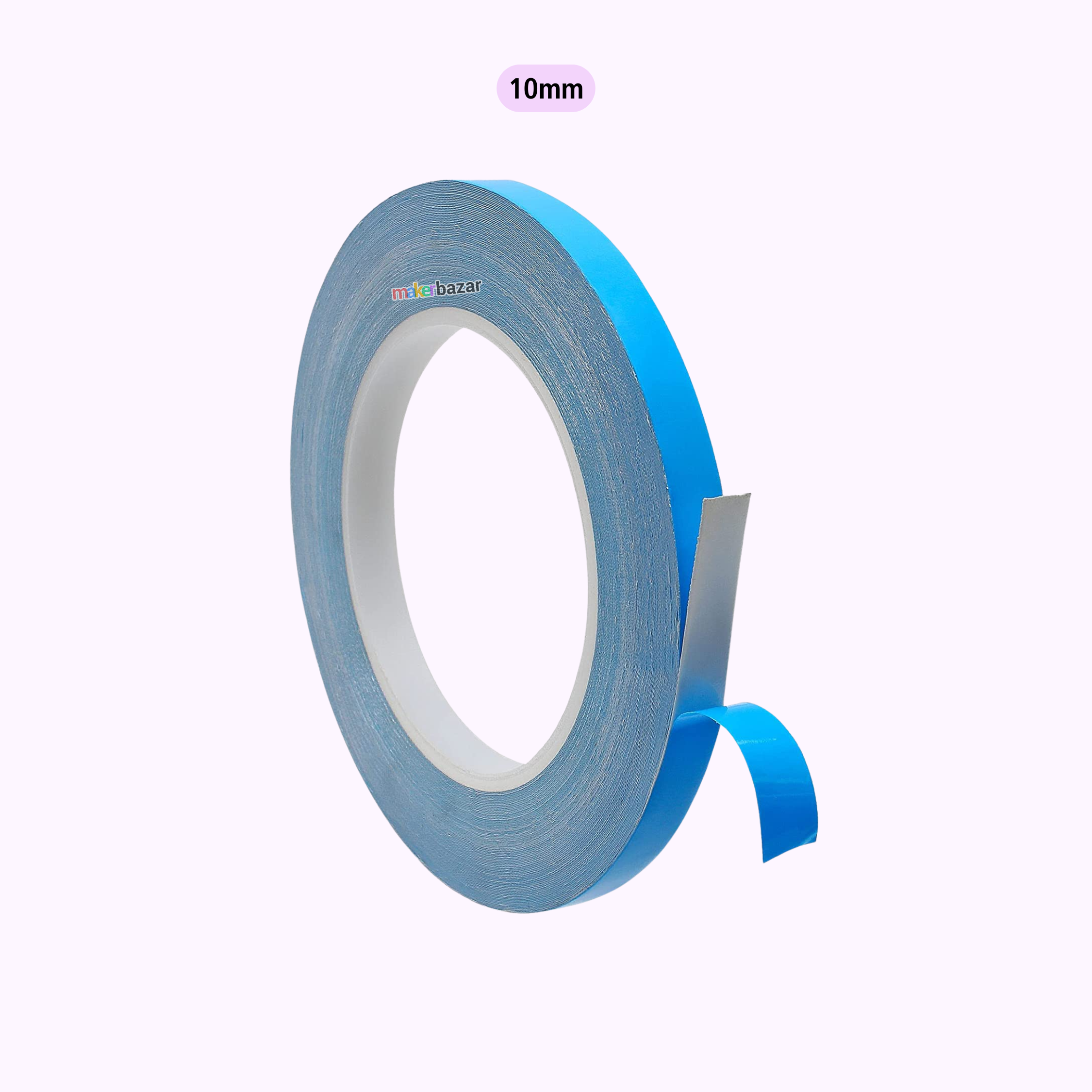 A roll of blue double-sided tape with a white inner core, shown with a strip peeled back on a light lavender background. A small pink label above reads '10mm'.