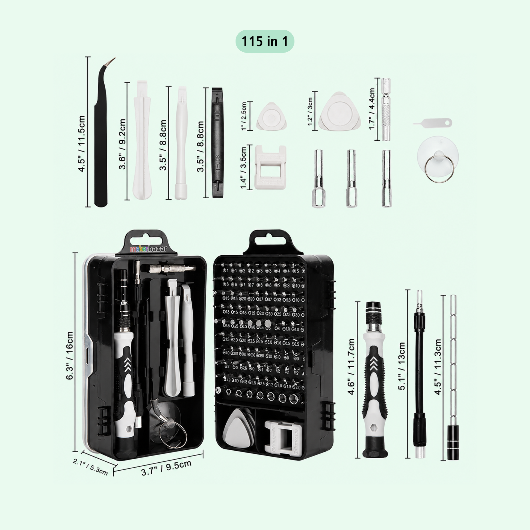 A 115-piece screwdriver and precision tool set displayed on a pale green background with dimension labels. The set includes a black carrying case shown open and closed, multiple screwdriver bits, a small hammer, tweezers, a ring puller, and several interchangeable driver bits, with measurements printed around the tools.