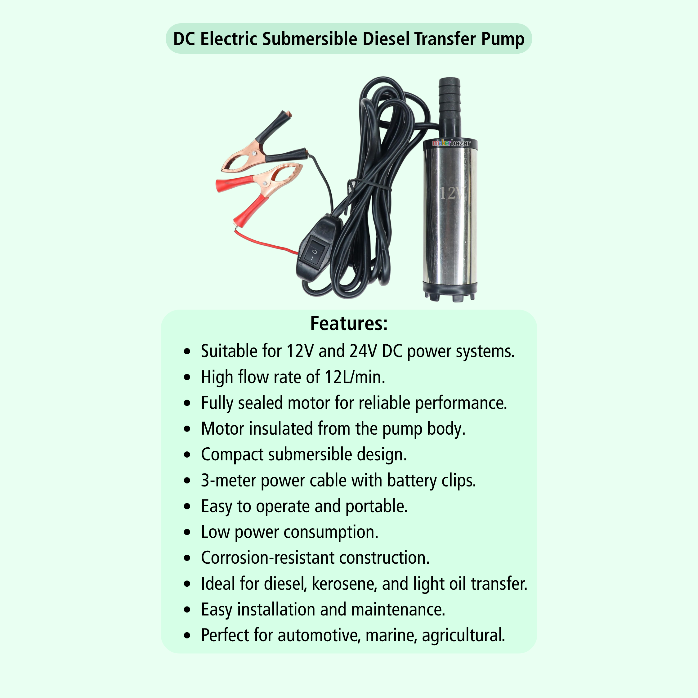 12/24VDC Submersible Diesel & Oil Transfer Pump 12L/min
