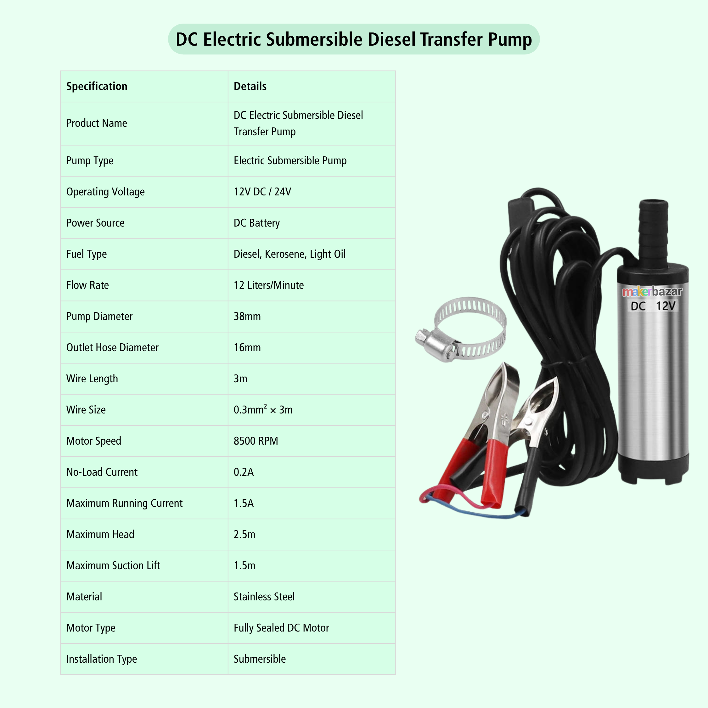 12/24VDC Submersible Diesel & Oil Transfer Pump 12L/min