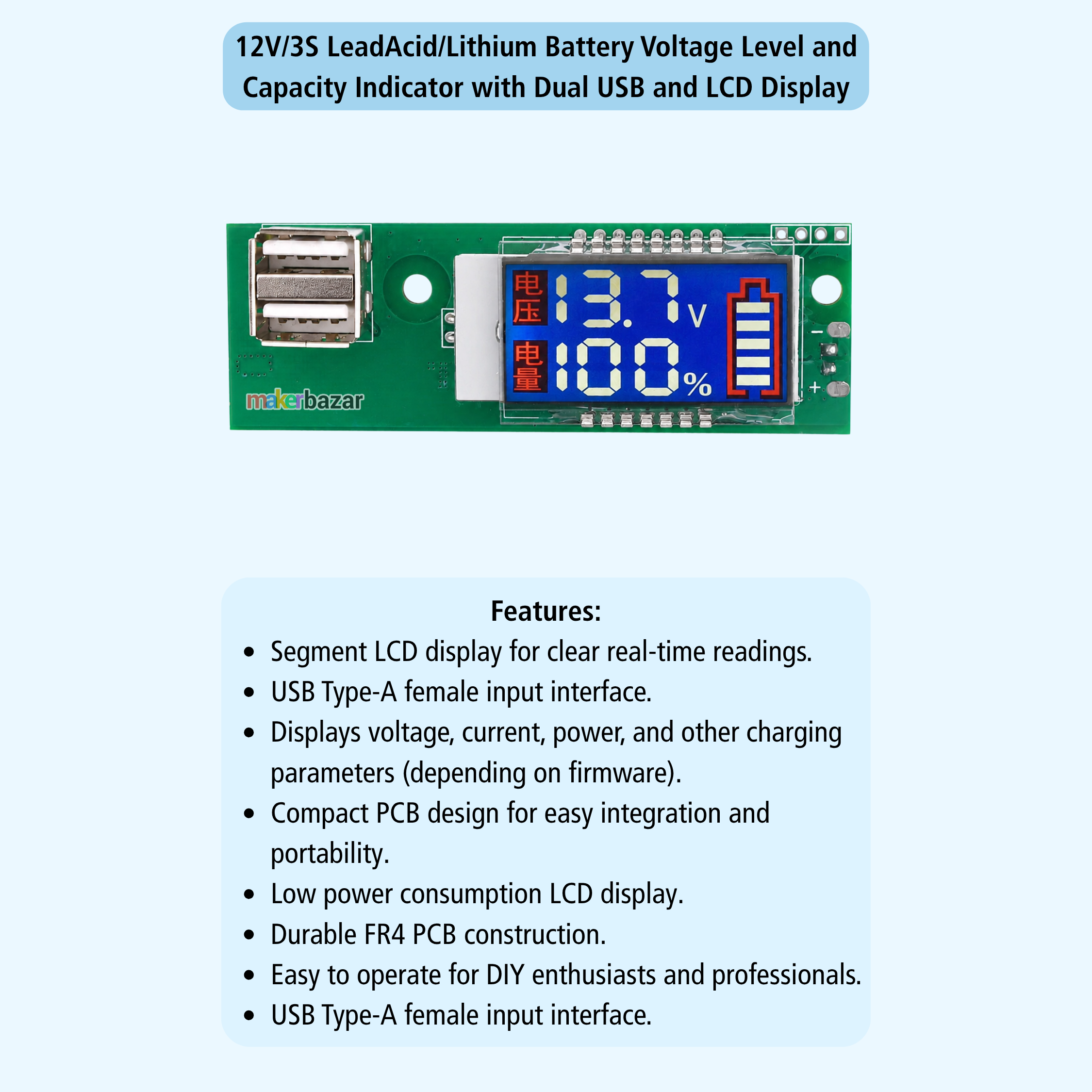 12V/3S LeadAcid/Lithium Battery Voltage Level and Capacity Indicator with Dual USB and LCD Display