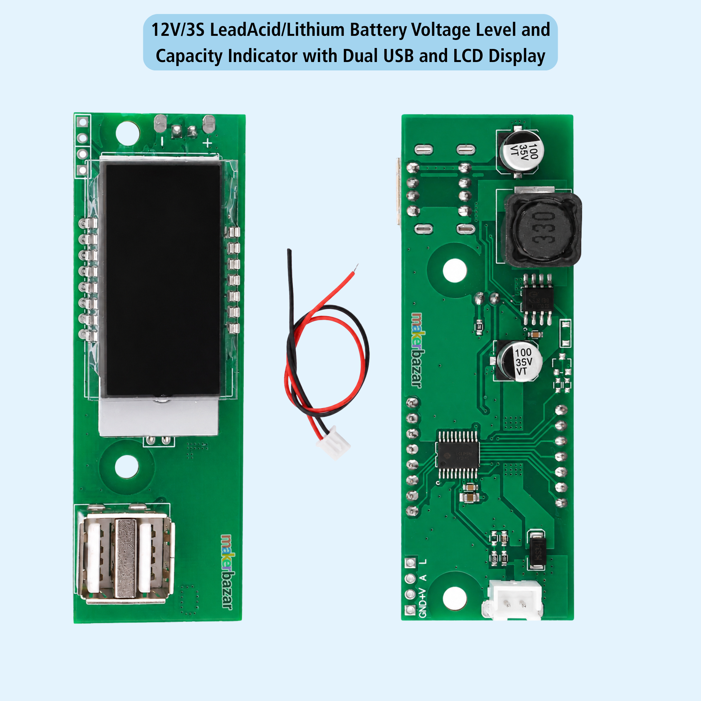 12V/3S LeadAcid/Lithium Battery Voltage Level and Capacity Indicator with Dual USB and LCD Display