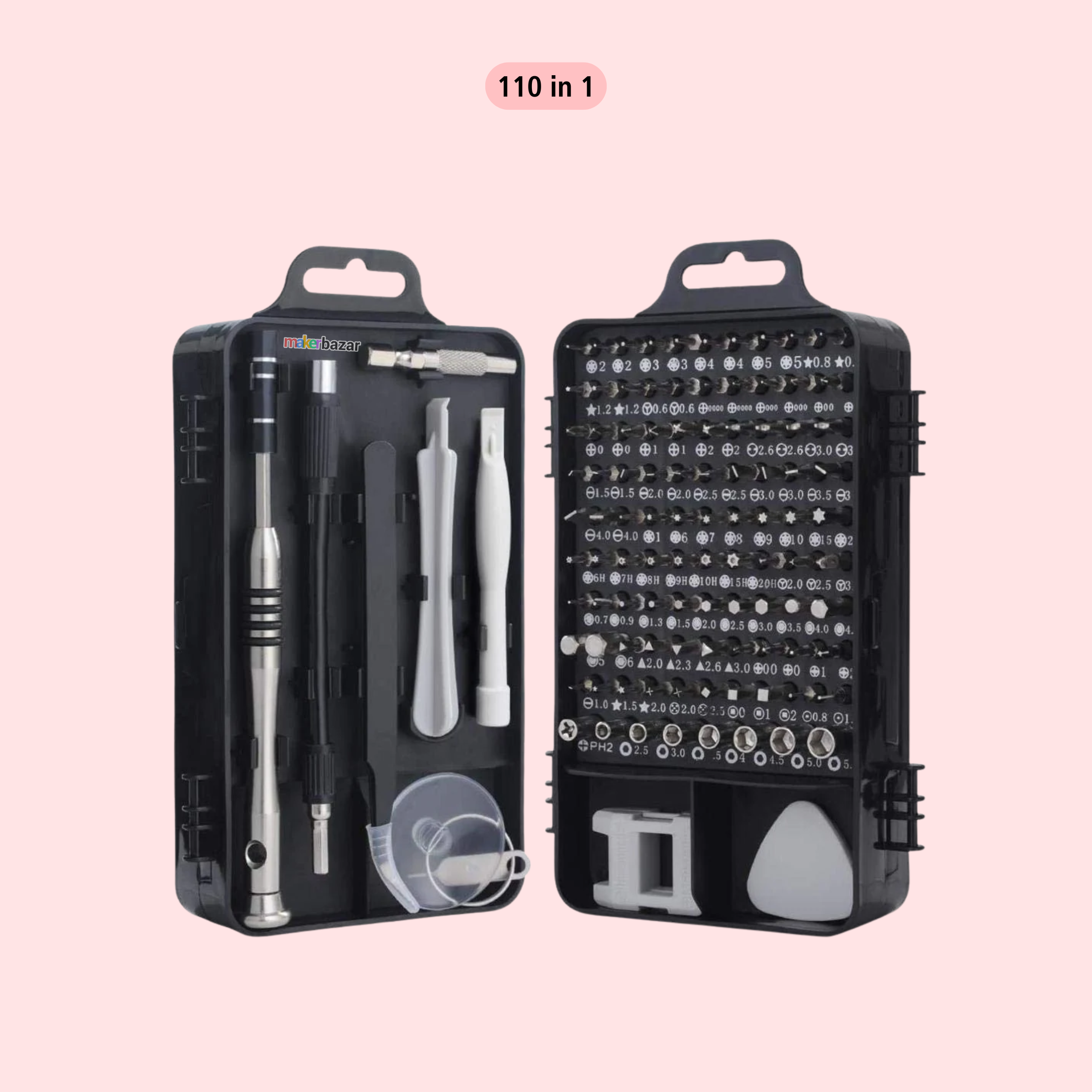A 110-in-1 multi-tool screwdriver set displayed in two open black plastic cases against a solid pink background. The left case shows the tools inside, including silver and white-handled tools, while the right case shows the back panel with a grid of screwdriver bits.