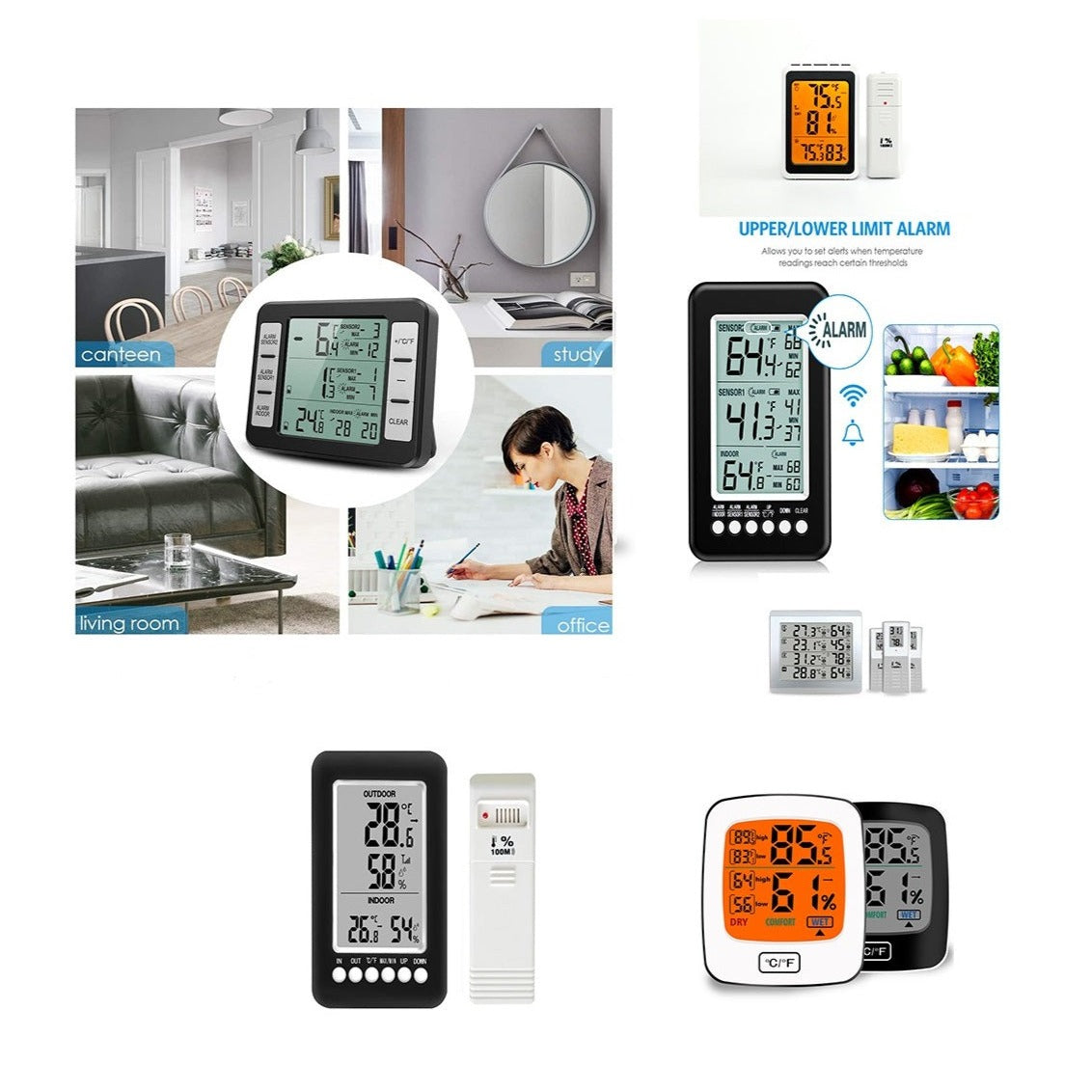 High Precision Large Screen Electronic Indoor Temperature, Humidity Thermometer with Clock Alarm