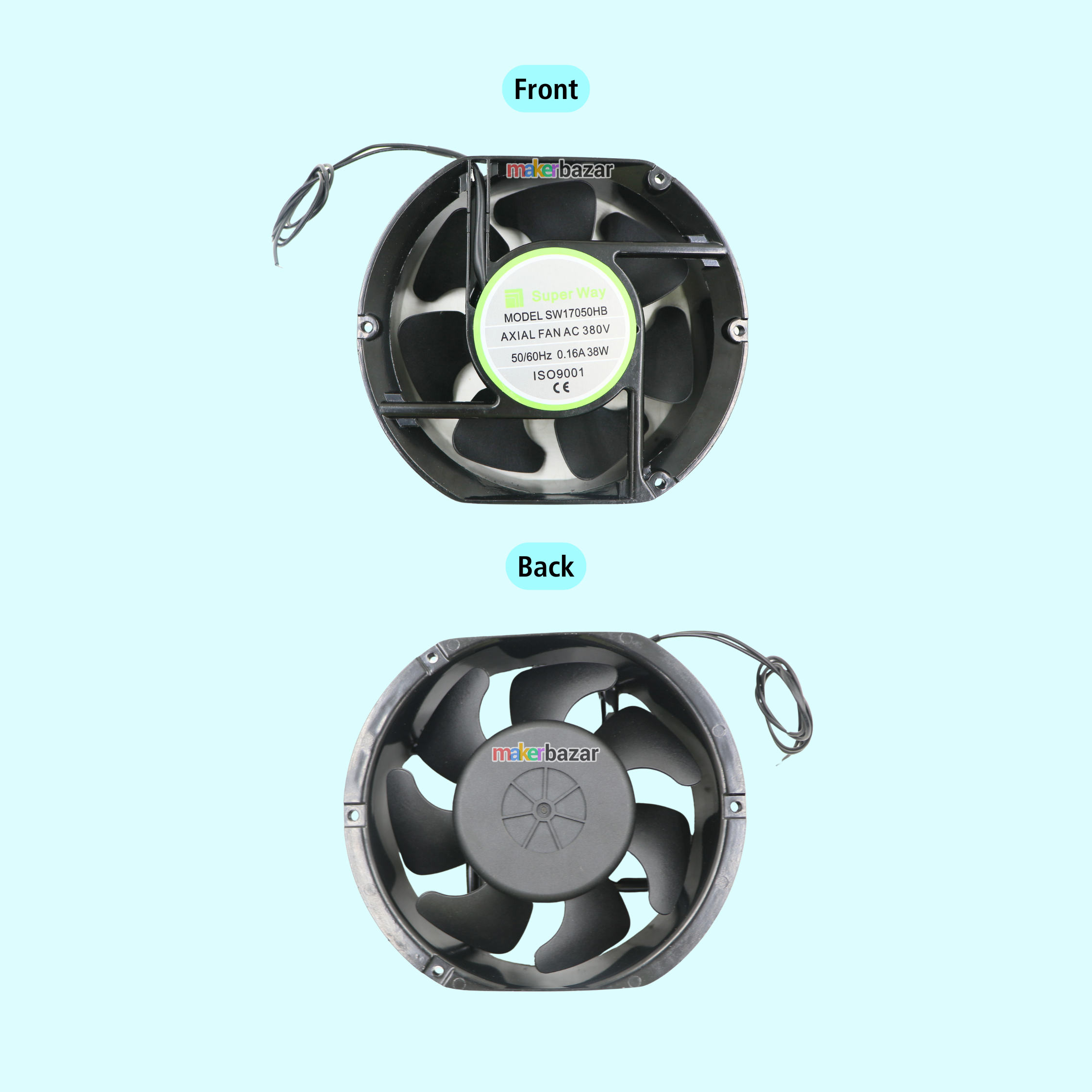 Front and back views of a 120mm CPU heat sink fan on a light blue background, showing the black and silver heatsink structure and the backplate with the 'mkb hater' logo.