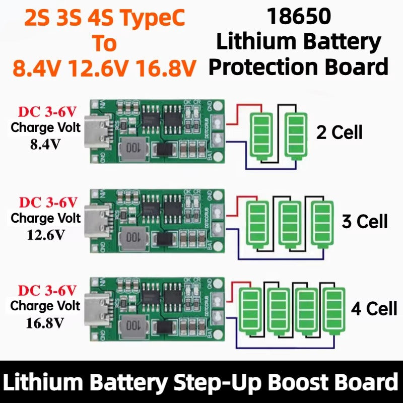 [Green] Type-C Multi-Cell 2S 3S 4S to 8.4V 12.6V 16.8V Step-Up Boost Lithium Battery Charger Module