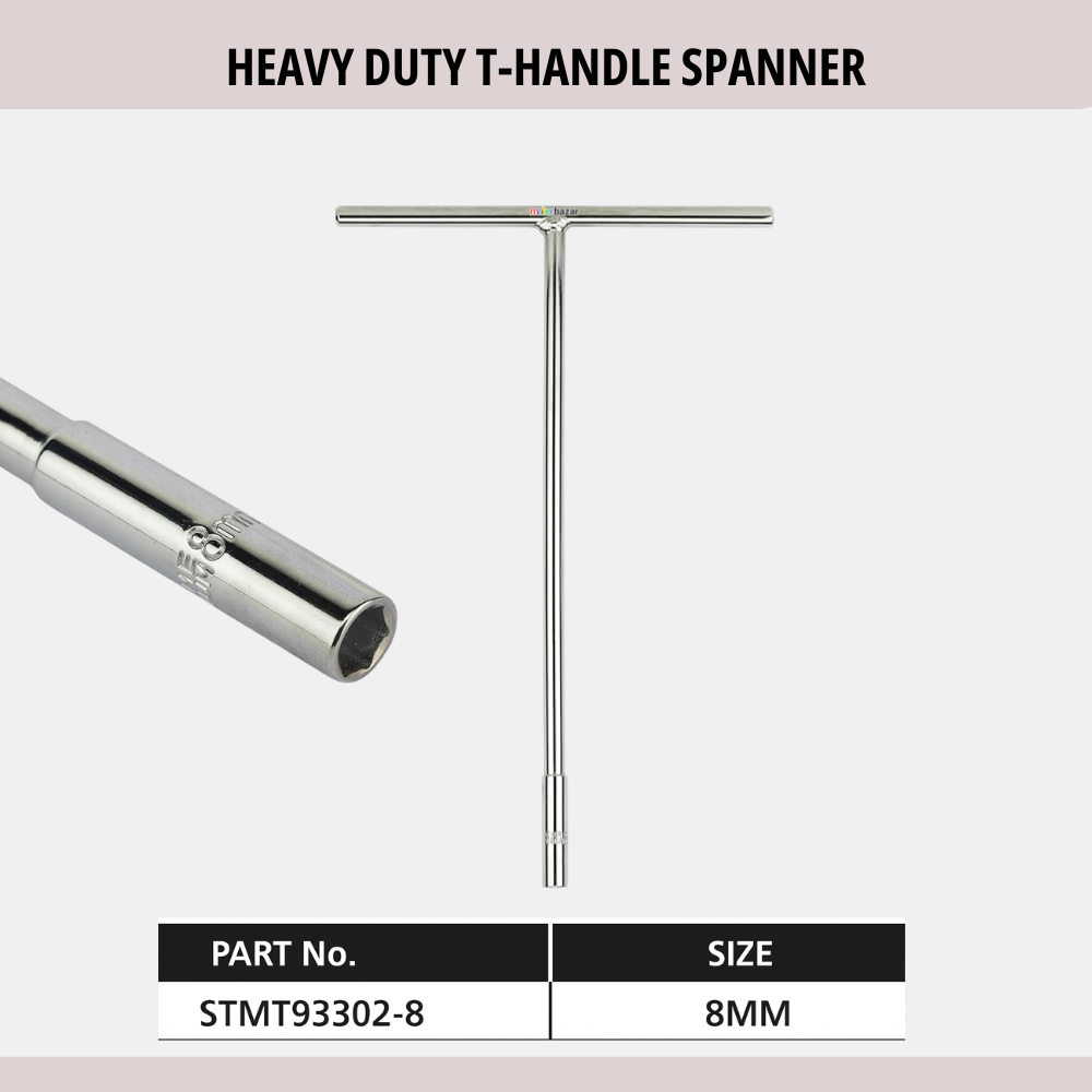 Heavy-duty T-handle spanner with specifications on a light pink background