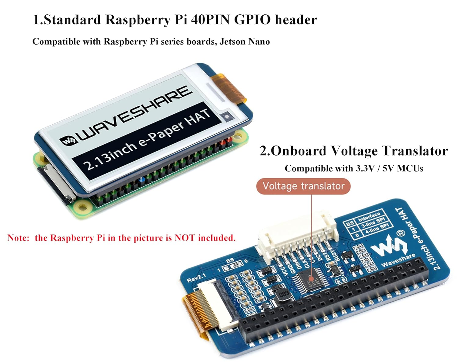 Waveshare: 12915 250x122 2.13inch E-Ink Display HAT for Raspberry Pi B&W