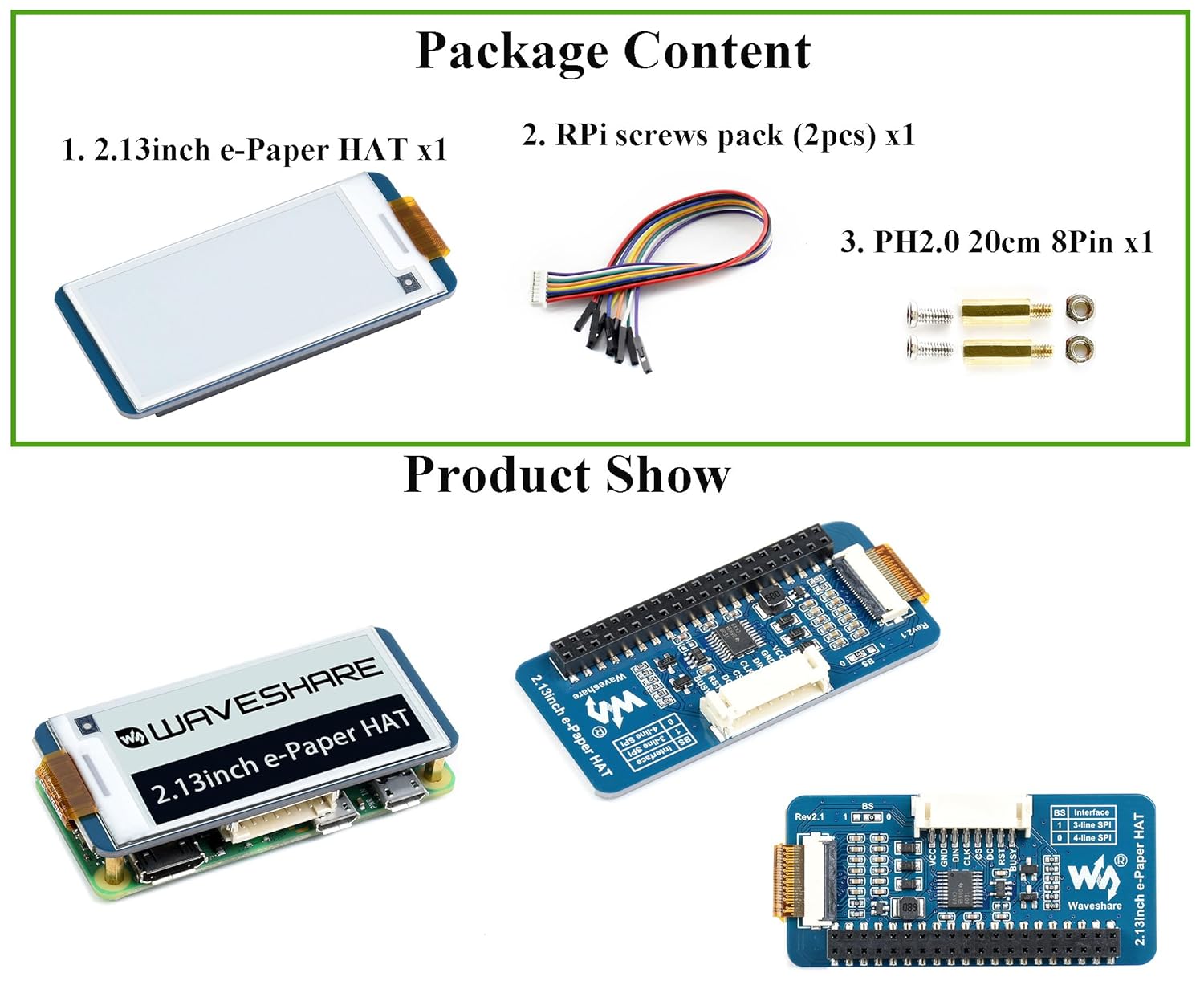 Waveshare: 12915 250x122 2.13inch E-Ink Display HAT for Raspberry Pi B&W