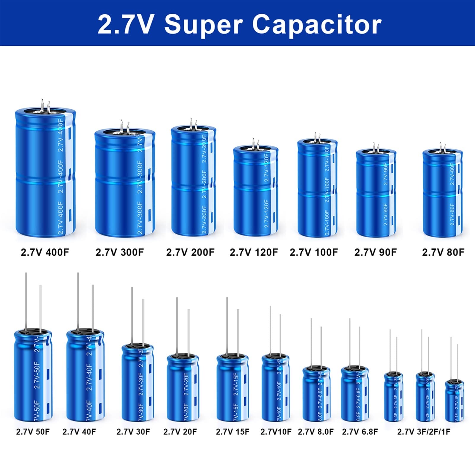 Set of 2.7V super capacitors with various capacitance values displayed.