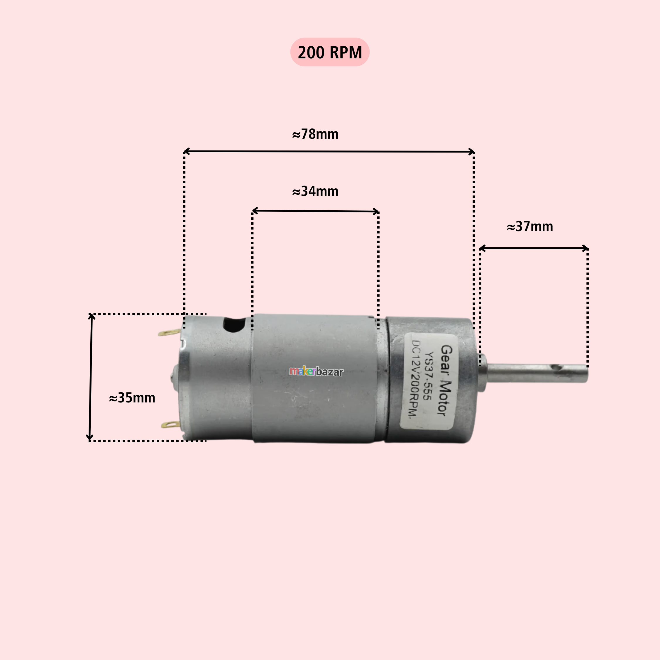 A small cylindrical gear motor shown on a light pink background with overlaid dimension lines and text indicating measurements around 78 mm, 34 mm, 35 mm, and 37 mm, plus a '200 RPM' label above.