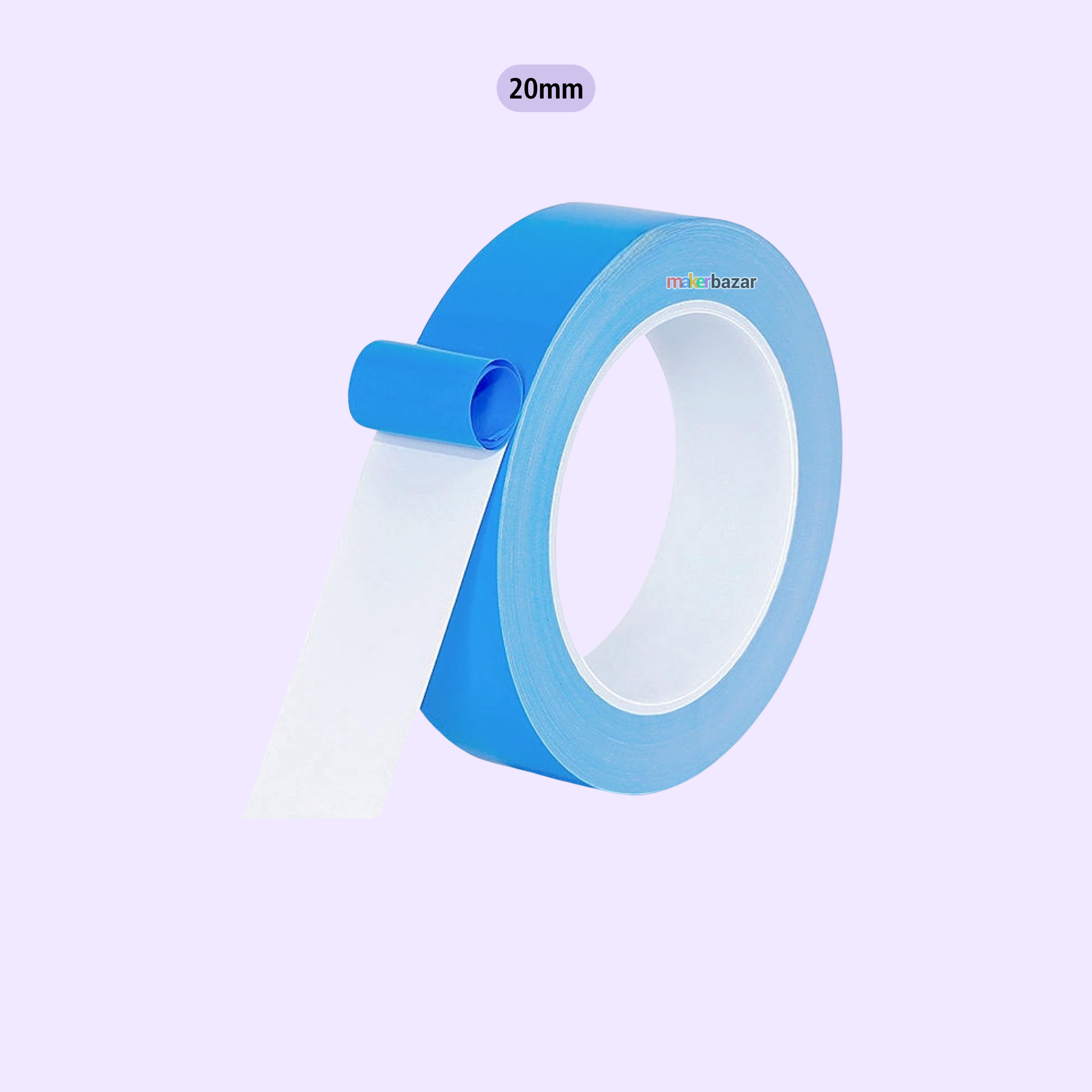 A roll of blue tape with a white backing, shown partially unrolled against a light lavender background. A small label above reads '20mm'.