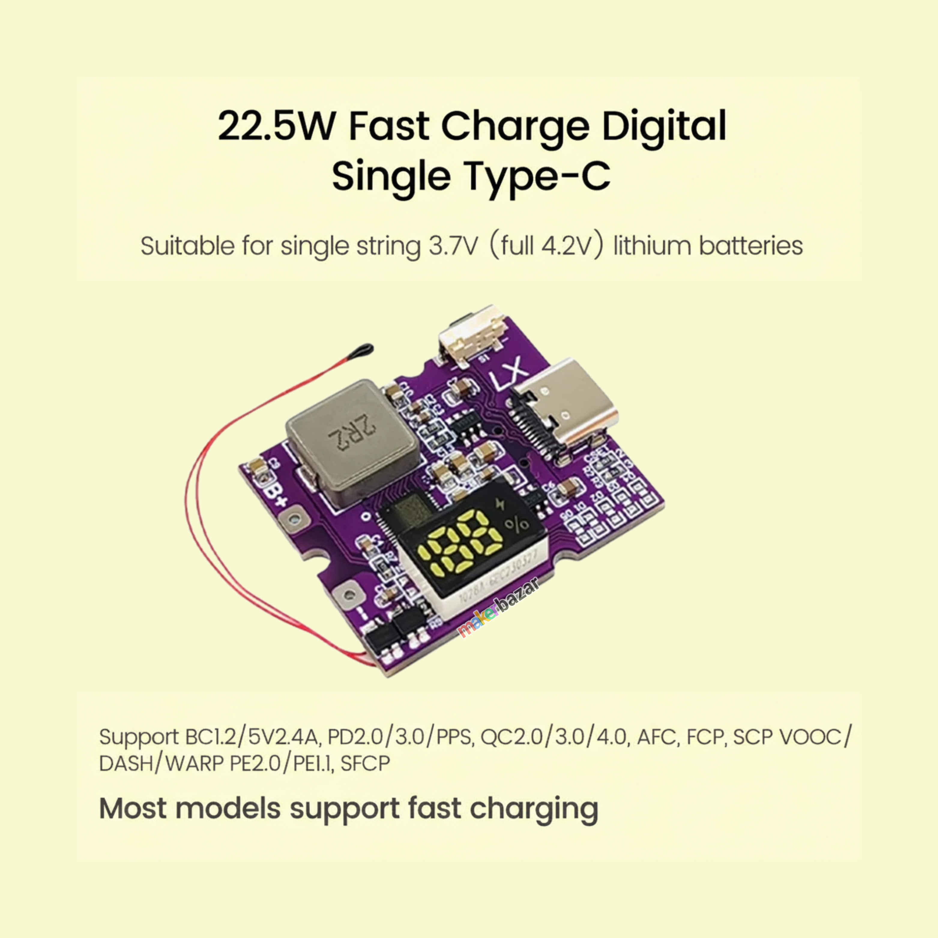 22.5W Bidirectional Fast Charging Power Bank Module With Digital/Light Display