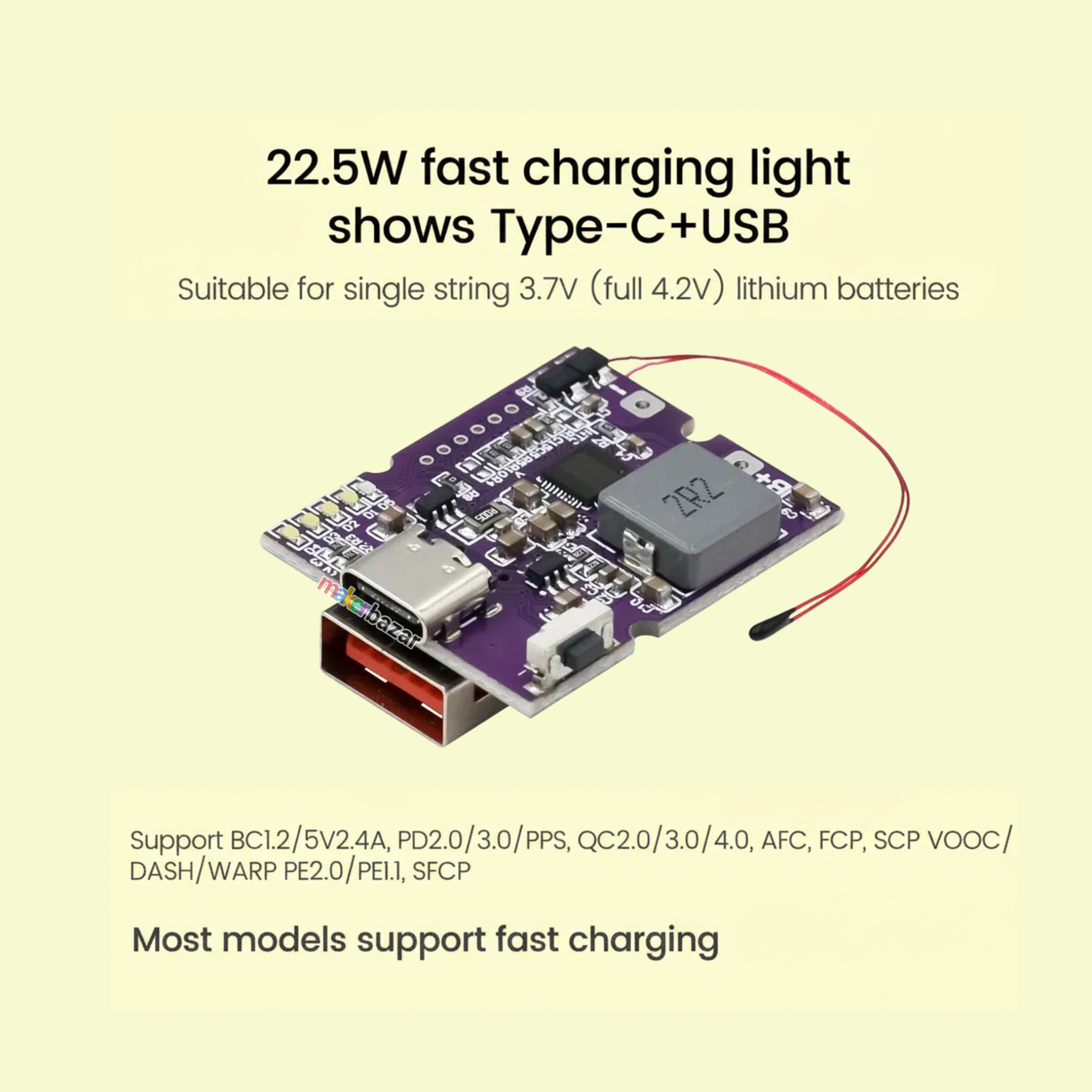 22.5W Bidirectional Fast Charging Power Bank Module With Digital/Light Display