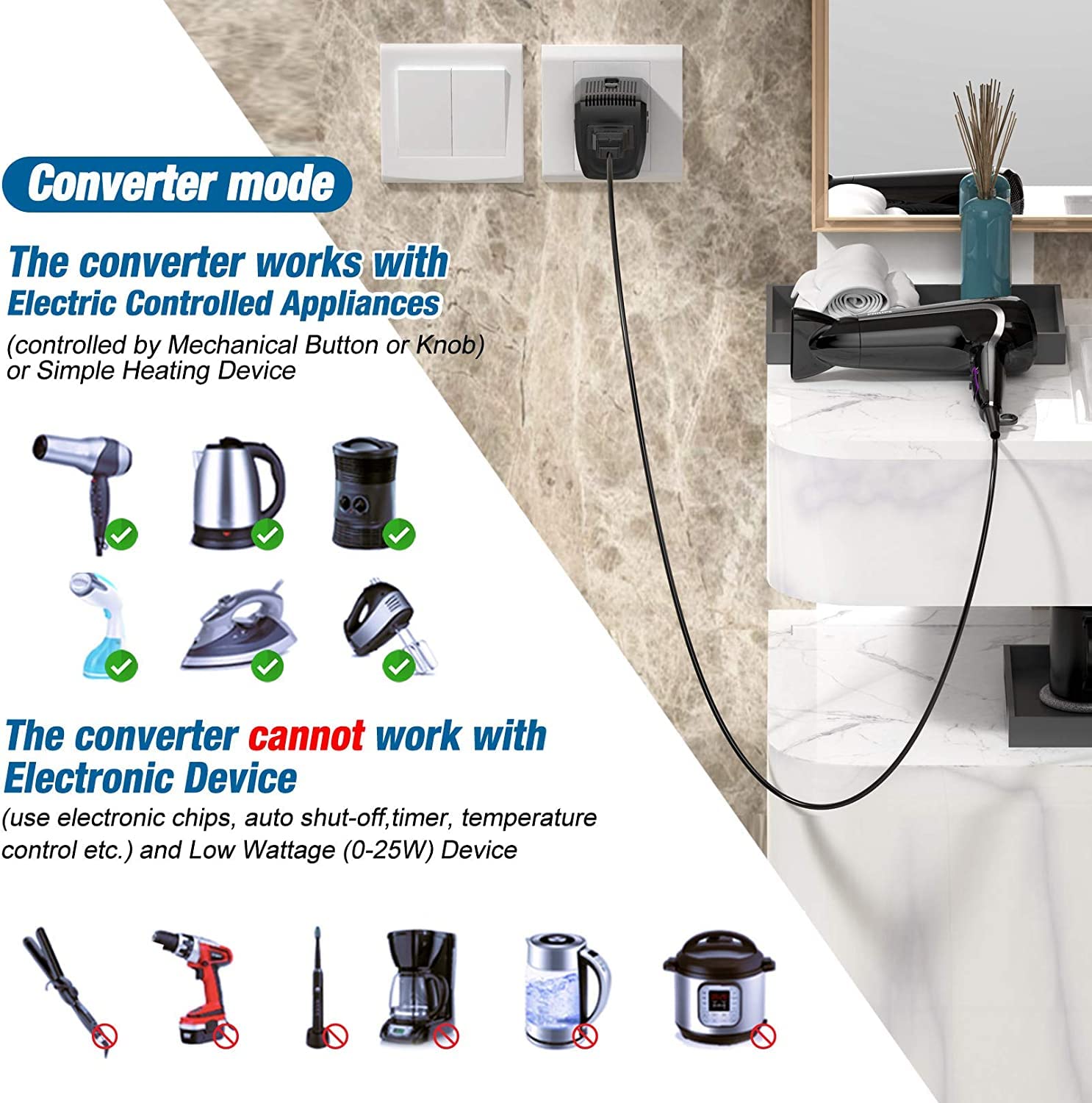 220V to 110VAC Universal Socket Voltage Converter 3-Pin Adatper