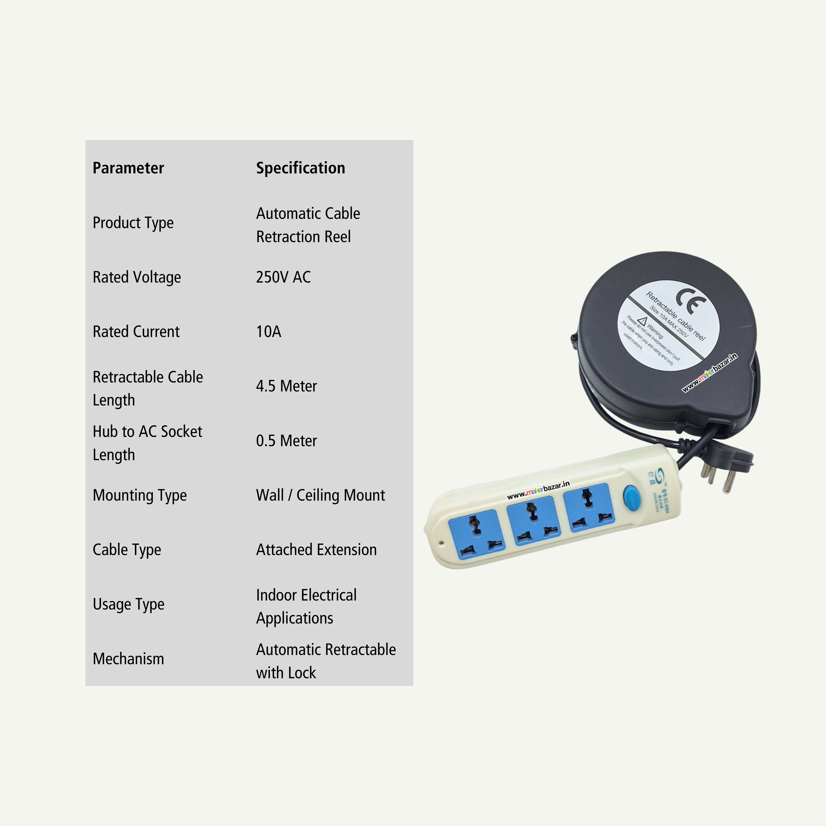 250V Automatic Cable Retraction Reels With Attached Extension