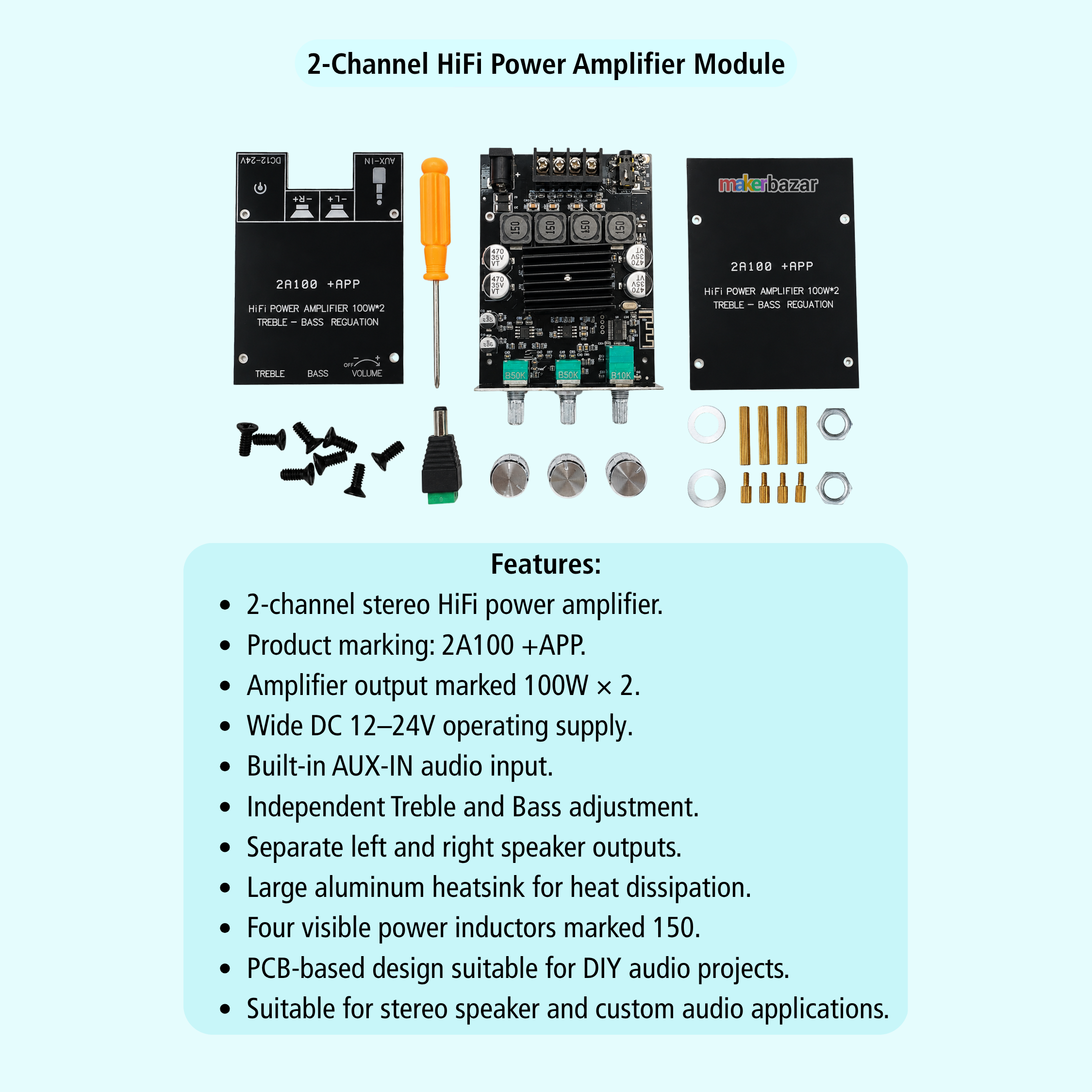 2A100 +APP 100Wx2 12–24VDC HiFi Stereo Power Amplifier Module