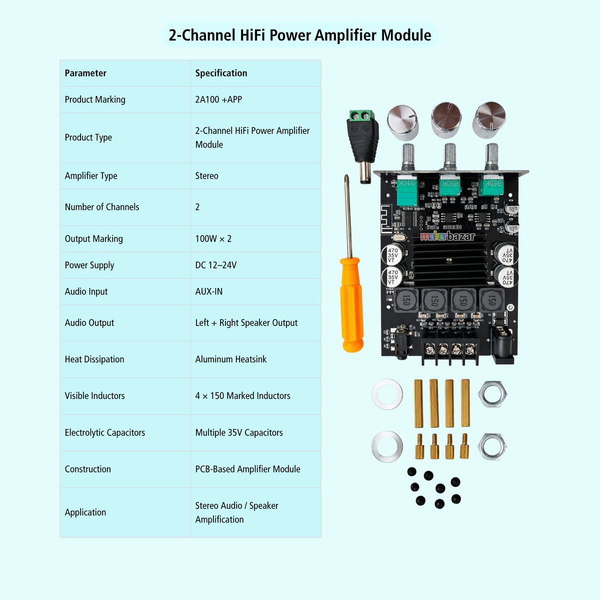 2A100 +APP 100Wx2 12–24VDC HiFi Stereo Power Amplifier Module