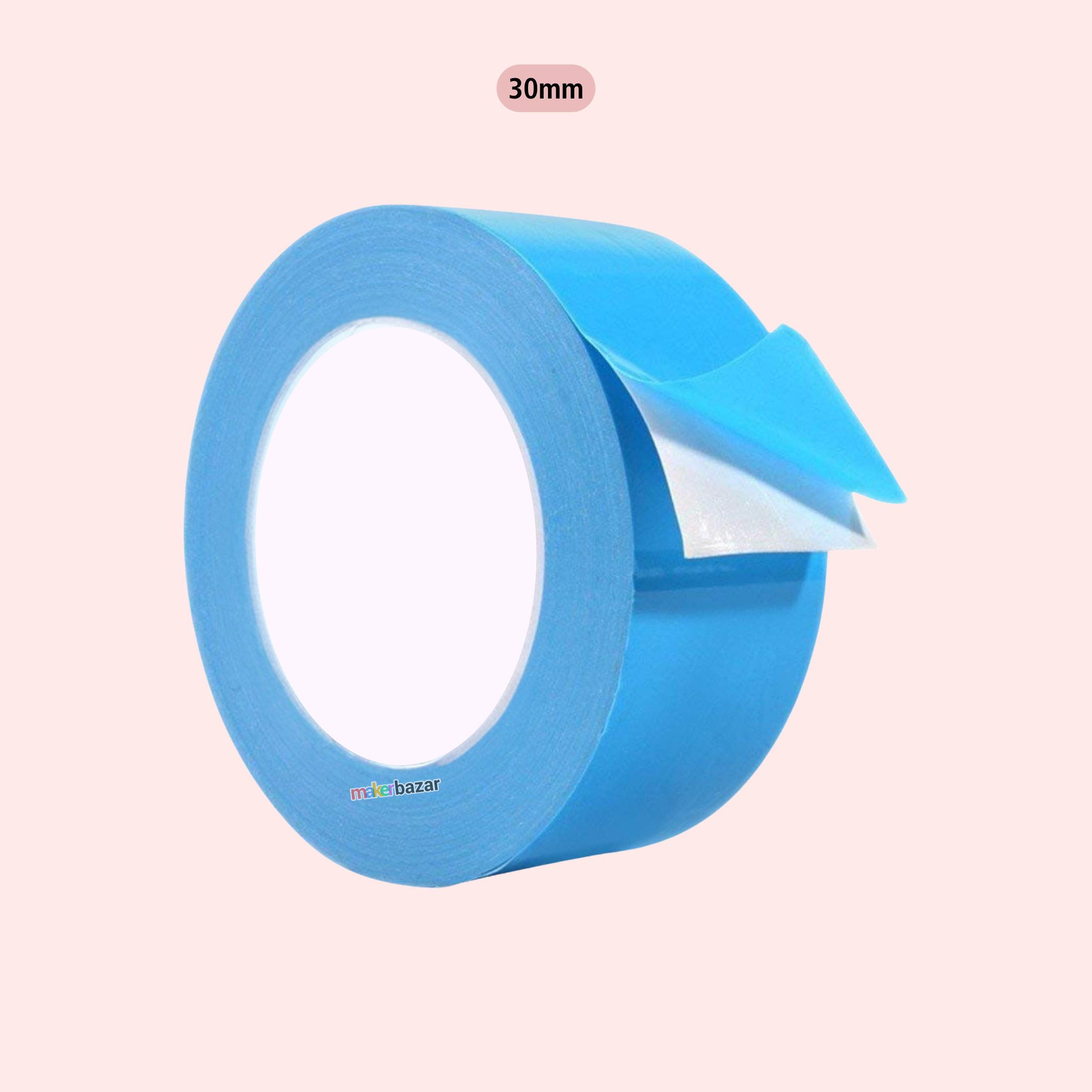 A roll of bright blue tape with a white backing partially peeled back, shown on a pale pink background with a small '30mm' label above.